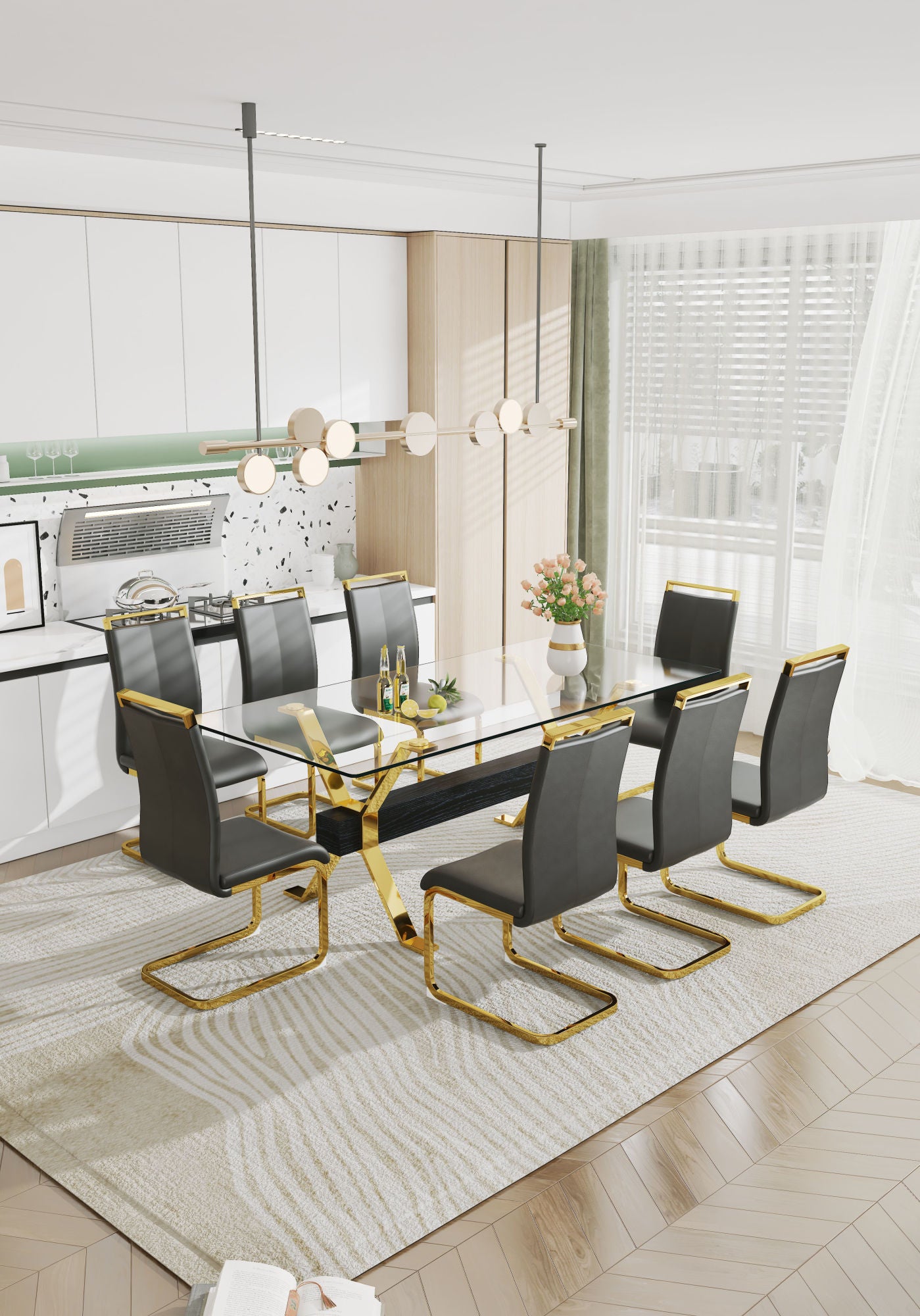 ContemporaryGlass Dining Table - Versatile for Home or Office. Features a Large Tempered Glass Top, Modern Office Desk Design with Gold-Plated Metal Legs and MDF Crossbars. Ideal for Kitchen Use. Dimensions: 79''x39''x30'