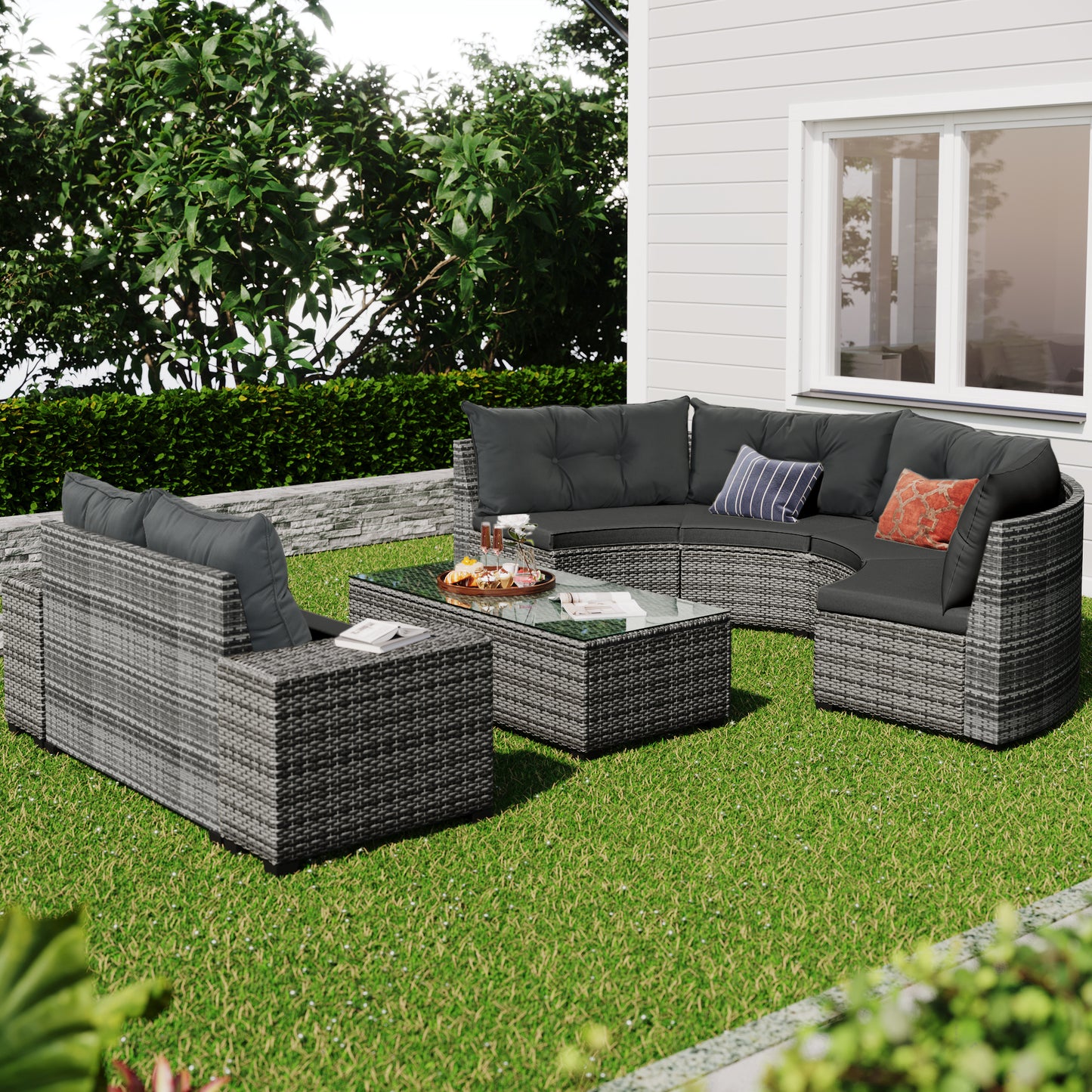 8-pieces Outdoor Set; Half-Moon All Weather; PE Rattan Water-resistant and UV Protected