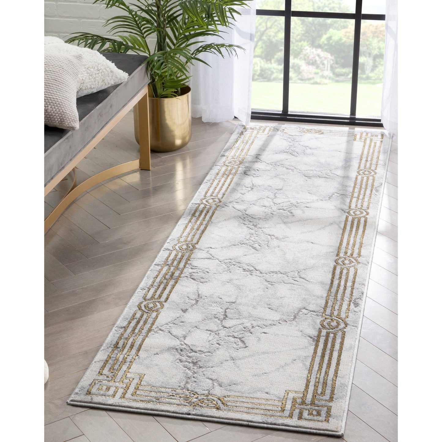 Huntington Retro Marble Border Ivory Glam Rug: 7'10" x 9'10"