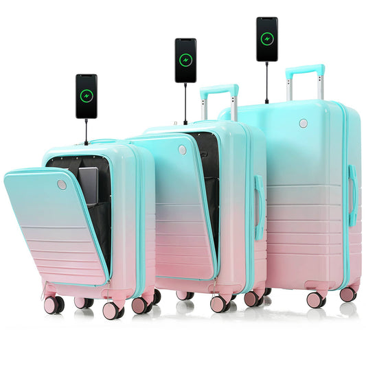Luggage Set of 3, 20, 24, 28inch with USB Port: Light Blue