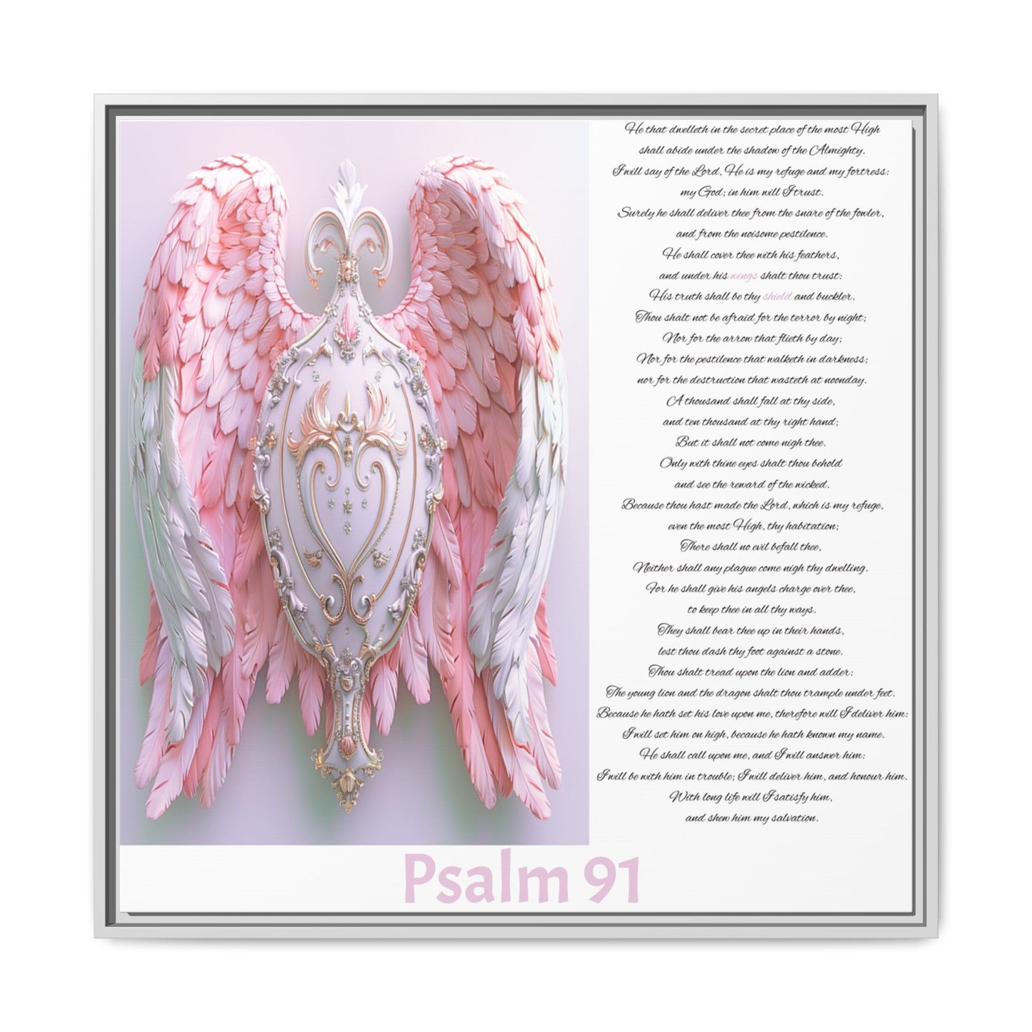 Psalm 91 Angel Wings Matte Canvas Framed Wall Art — Devotional Prayer Quote