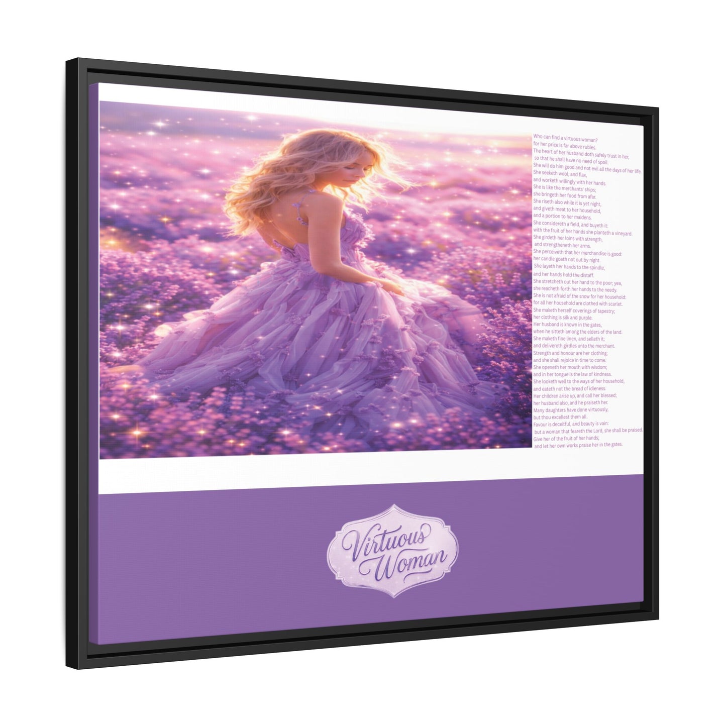 Virtuous Woman Canvas Wall Art – Proverbs 31 Scripture Inspired Lavender Field Painting, Elegant Christian Home Décor, Matte Framed Canvas Print