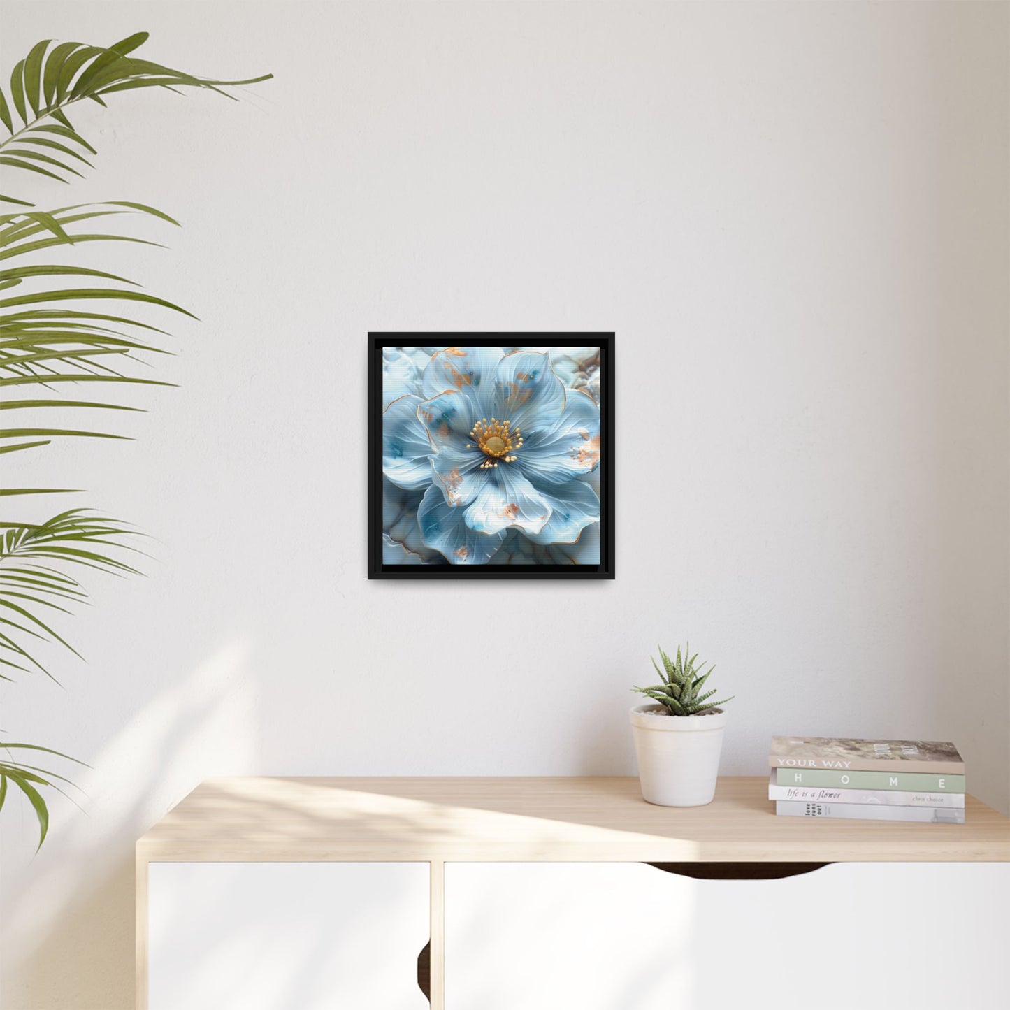 Elegant Sky-Blue Floral Matte Canvas Wall Art – Framed in White, Black, or Espresso | Modern Home & Office Decor