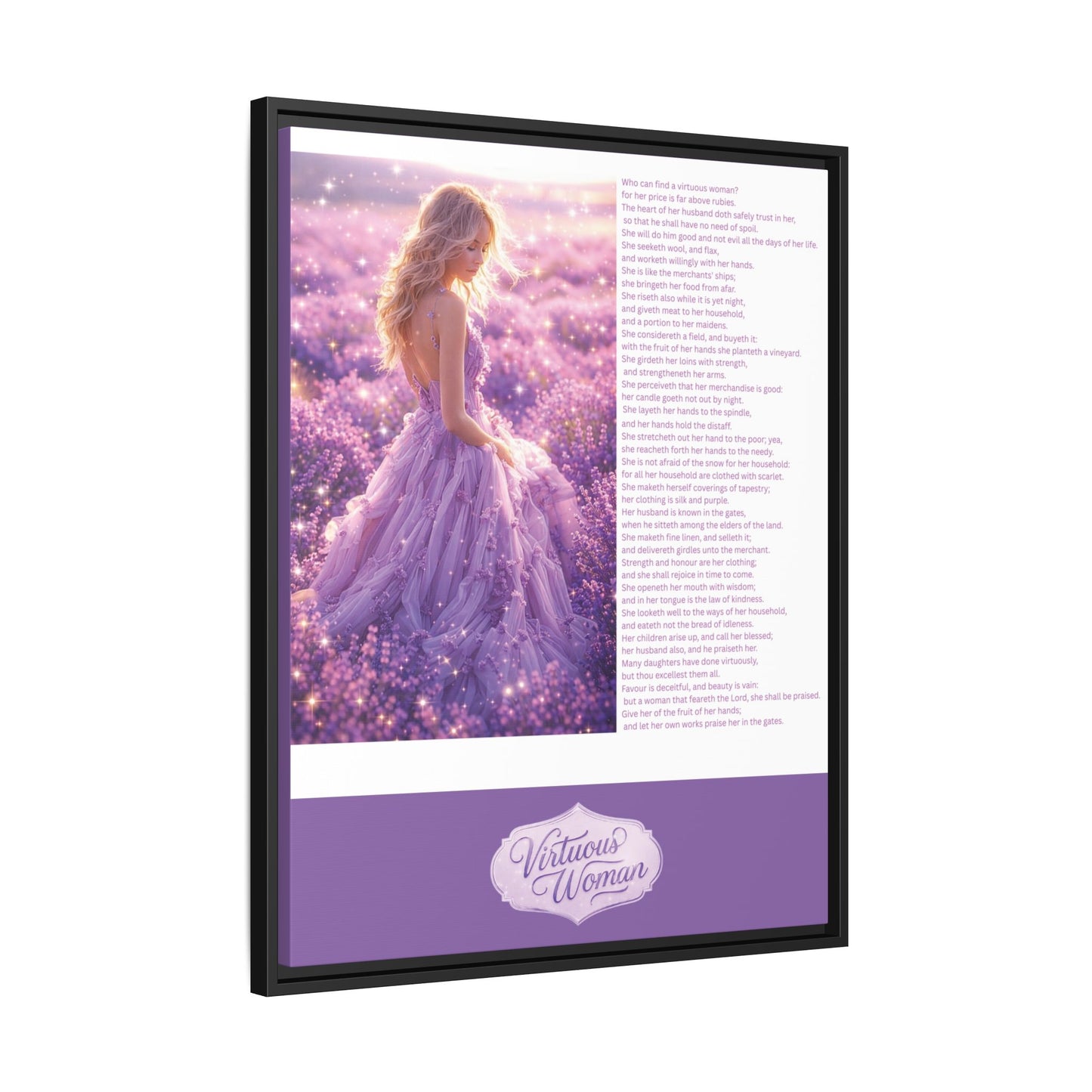 Virtuous Woman Canvas Wall Art – Proverbs 31 Scripture Inspired Lavender Field Painting, Elegant Christian Home Décor, Matte Framed Canvas Print