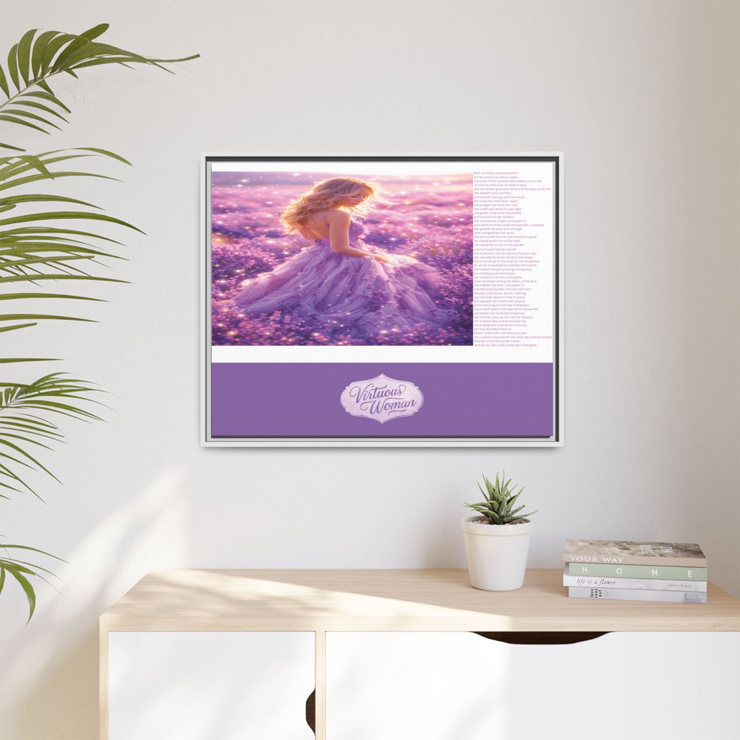 Virtuous Woman Canvas Wall Art – Proverbs 31 Scripture Inspired Lavender Field Painting, Elegant Christian Home Décor, Matte Framed Canvas Print