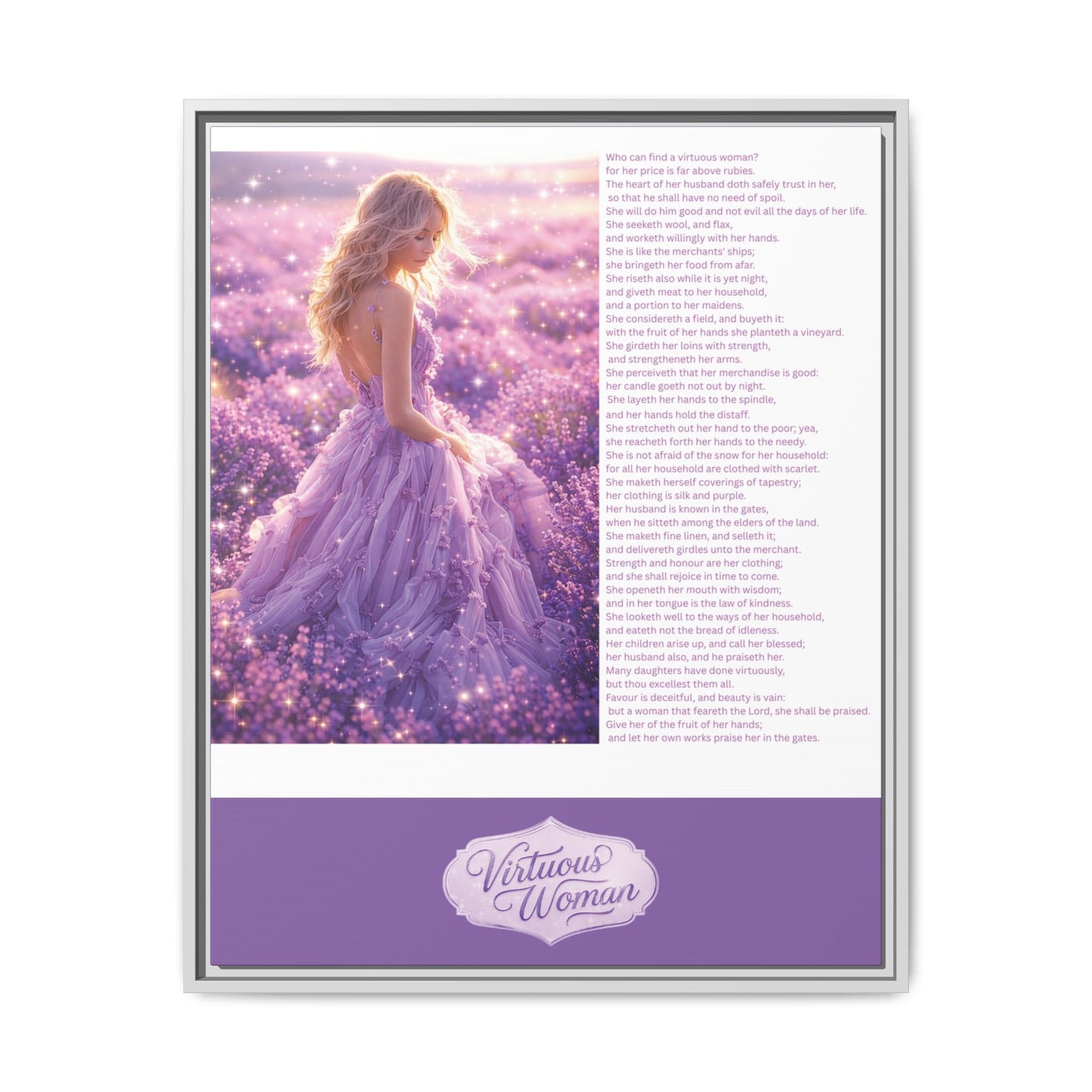 Virtuous Woman Canvas Wall Art – Proverbs 31 Scripture Inspired Lavender Field Painting, Elegant Christian Home Décor, Matte Framed Canvas Print