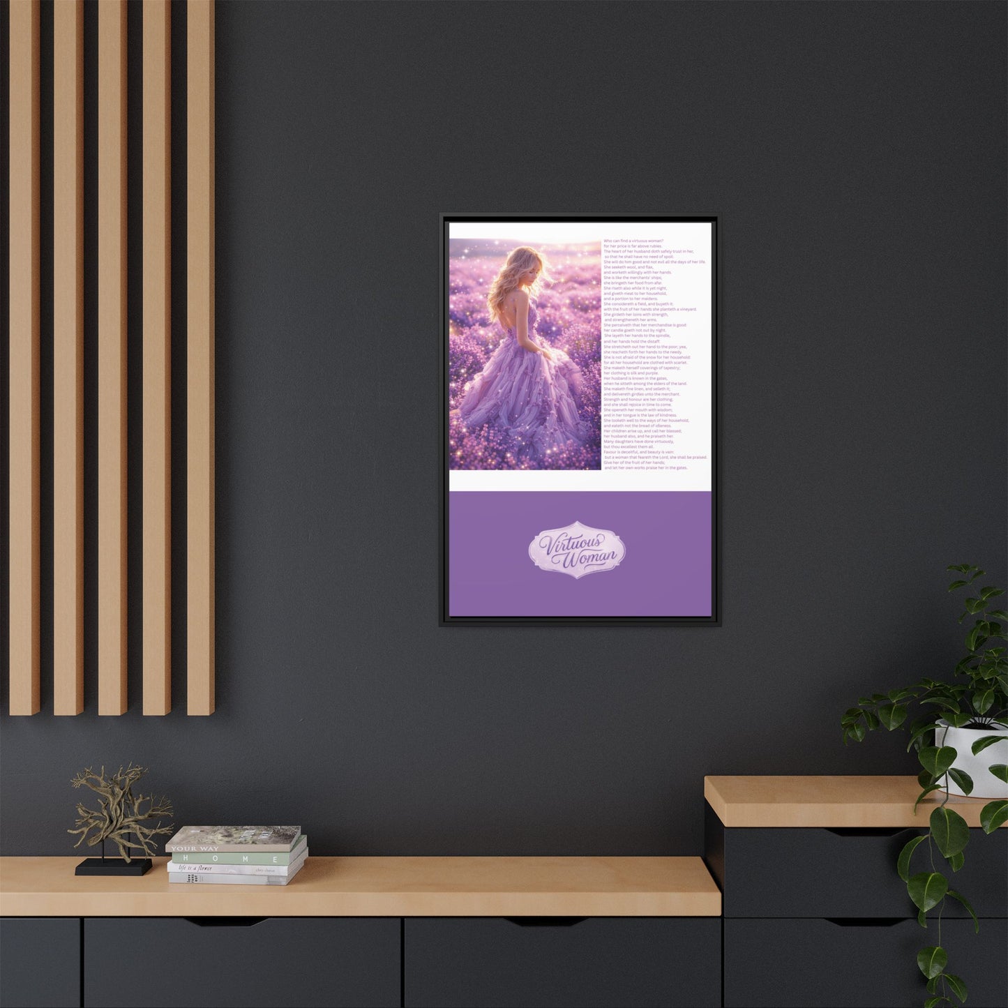 Virtuous Woman Canvas Wall Art – Proverbs 31 Scripture Inspired Lavender Field Painting, Elegant Christian Home Décor, Matte Framed Canvas Print