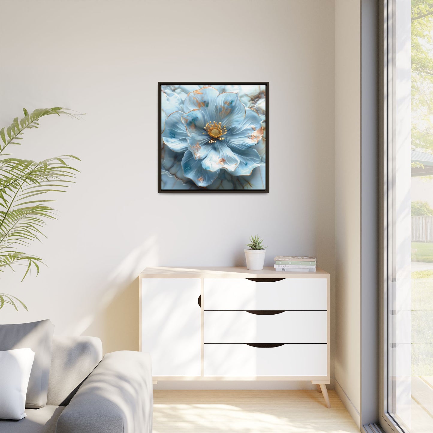 Elegant Sky-Blue Floral Matte Canvas Wall Art – Framed in White, Black, or Espresso | Modern Home & Office Decor