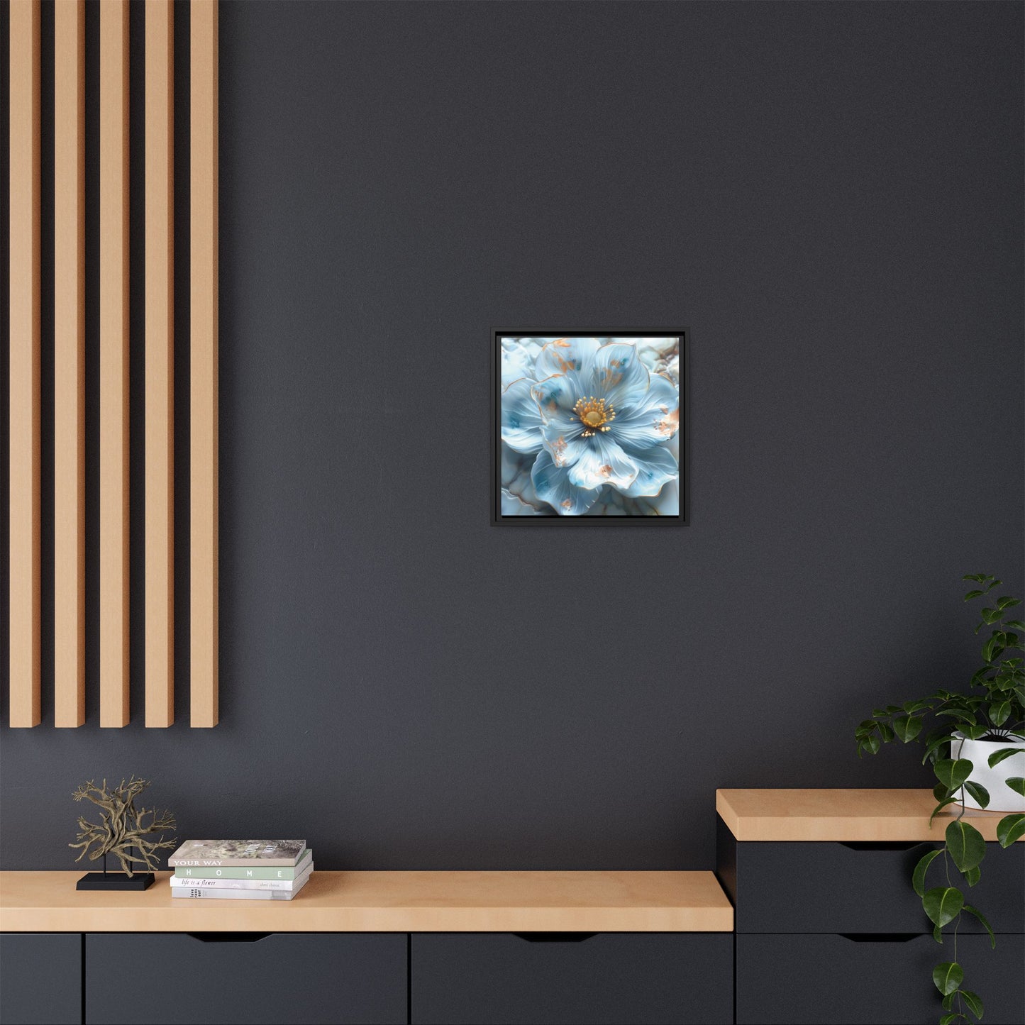 Elegant Sky-Blue Floral Matte Canvas Wall Art – Framed in White, Black, or Espresso | Modern Home & Office Decor