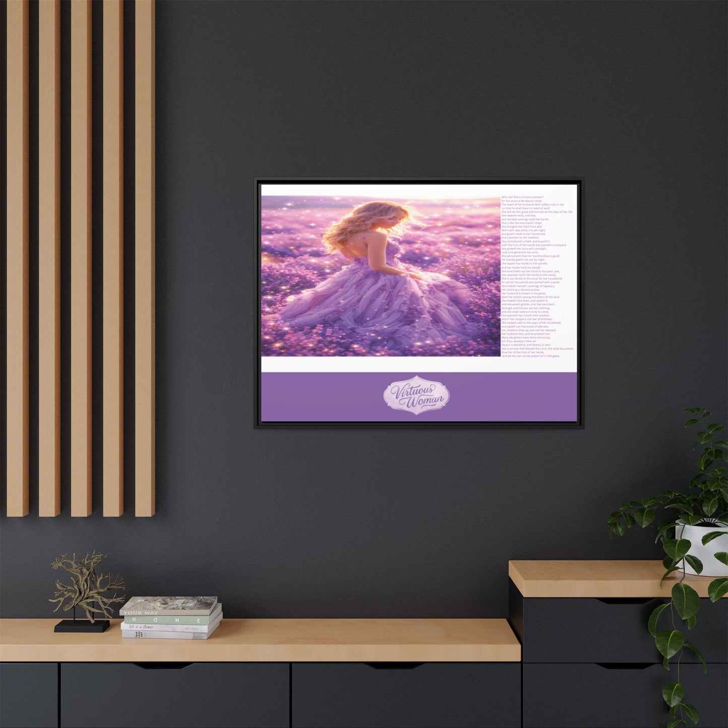 Virtuous Woman Canvas Wall Art – Proverbs 31 Scripture Inspired Lavender Field Painting, Elegant Christian Home Décor, Matte Framed Canvas Print