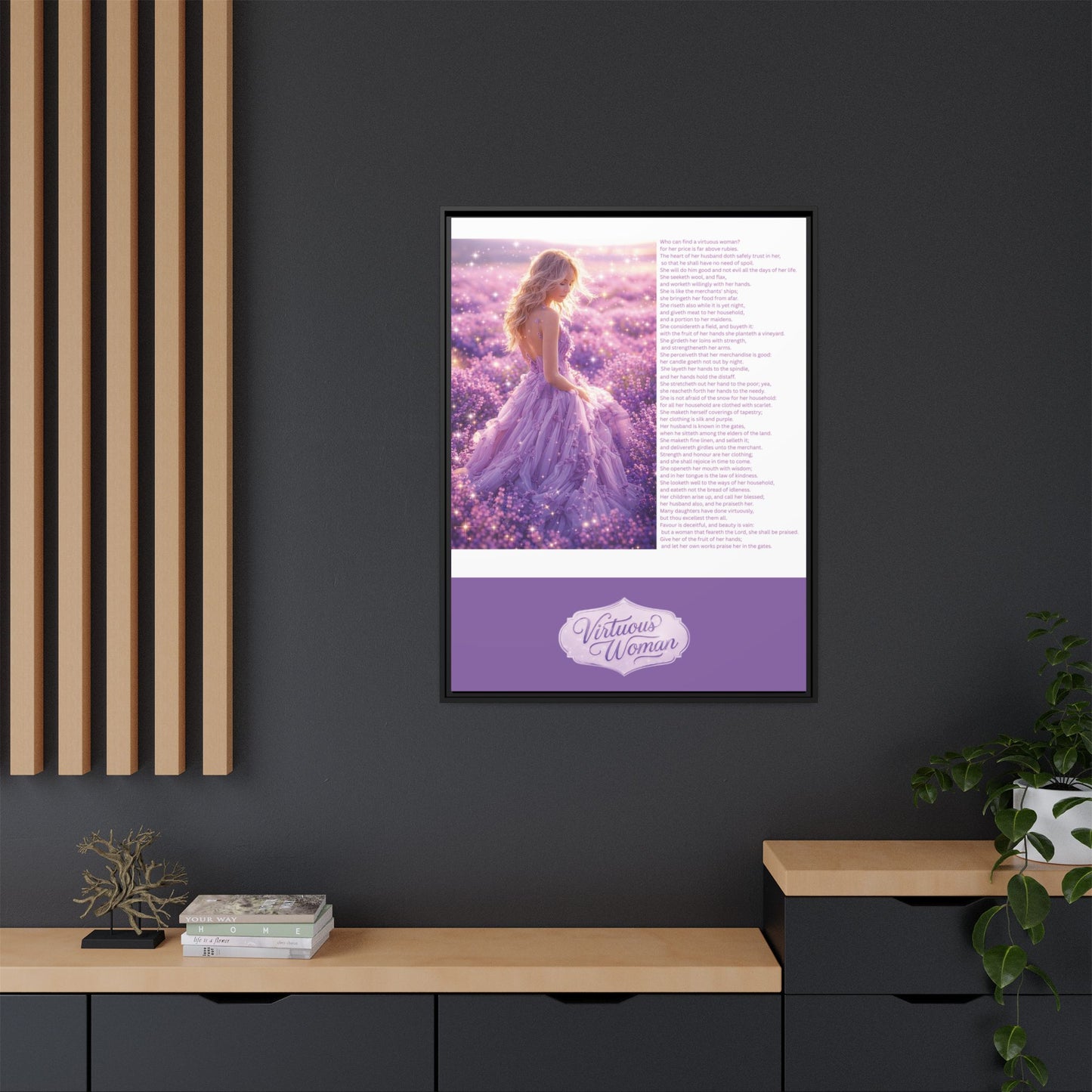 Virtuous Woman Canvas Wall Art – Proverbs 31 Scripture Inspired Lavender Field Painting, Elegant Christian Home Décor, Matte Framed Canvas Print