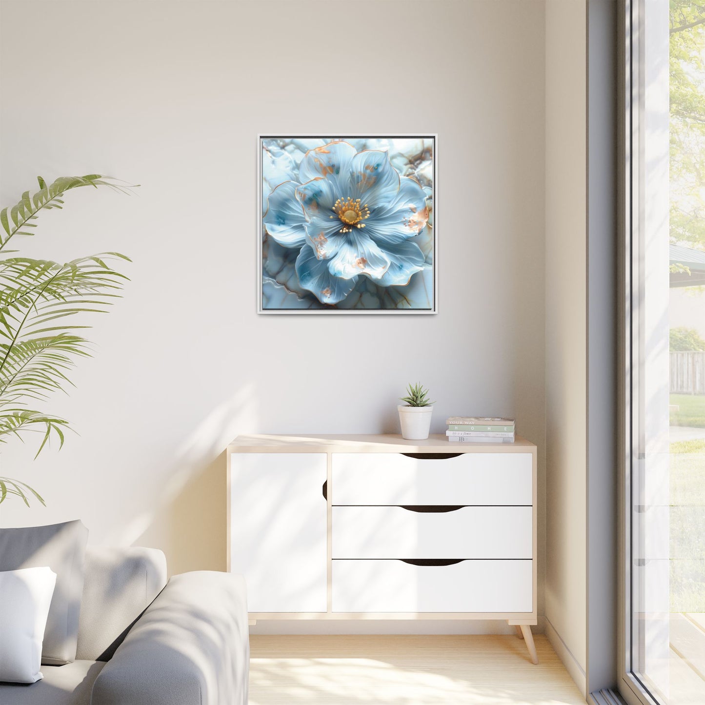 Elegant Sky-Blue Floral Matte Canvas Wall Art – Framed in White, Black, or Espresso | Modern Home & Office Decor