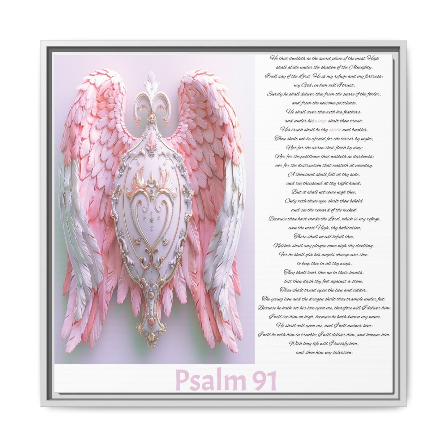 Psalm 91 Angel Wings Matte Canvas Framed Wall Art — Devotional Prayer Quote