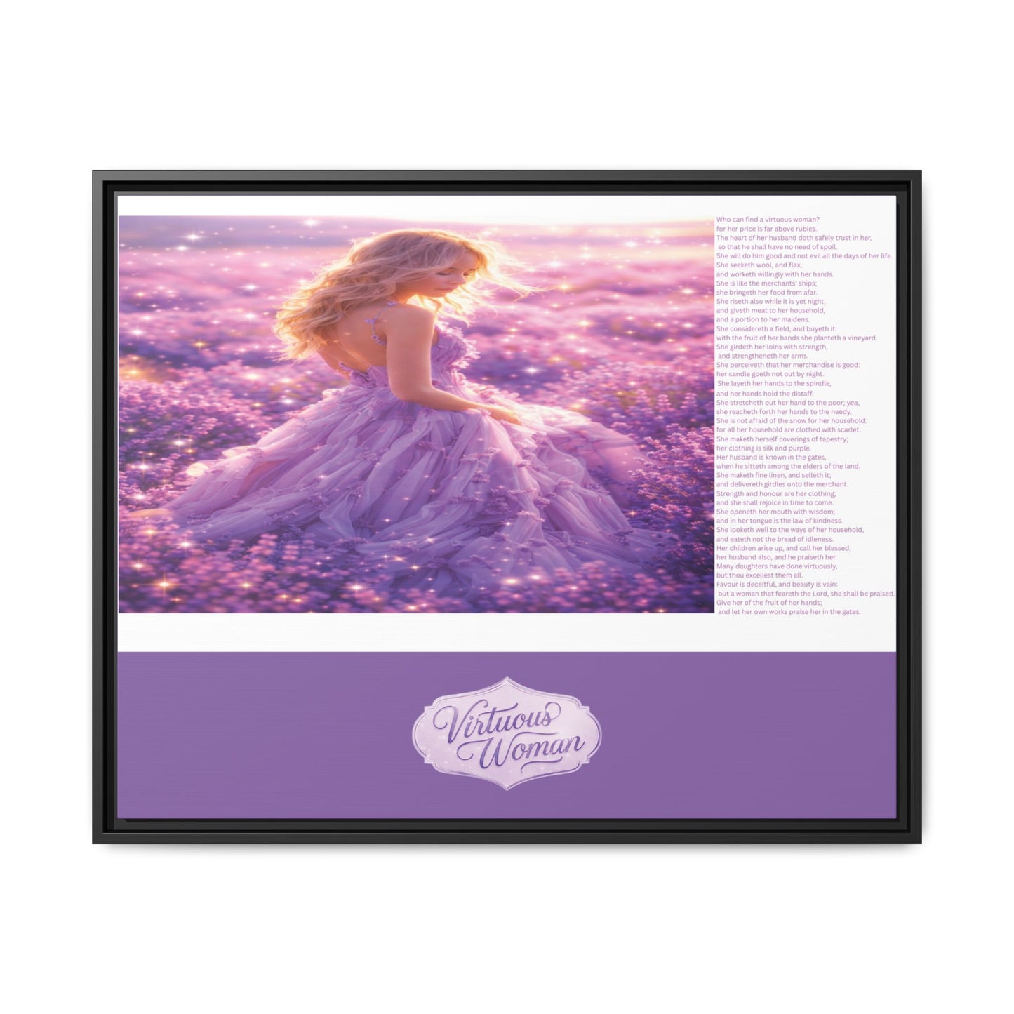 Virtuous Woman Canvas Wall Art – Proverbs 31 Scripture Inspired Lavender Field Painting, Elegant Christian Home Décor, Matte Framed Canvas Print