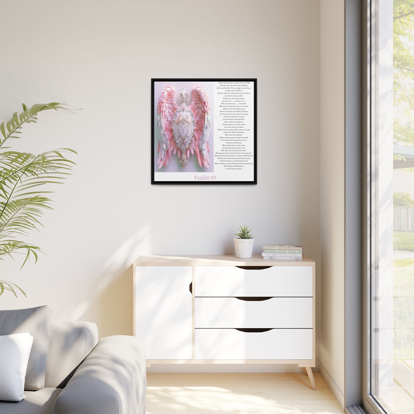 Psalm 91 Pink-Winged Angel Matte Canvas (Framed) — Comforting Scripture Wall Art