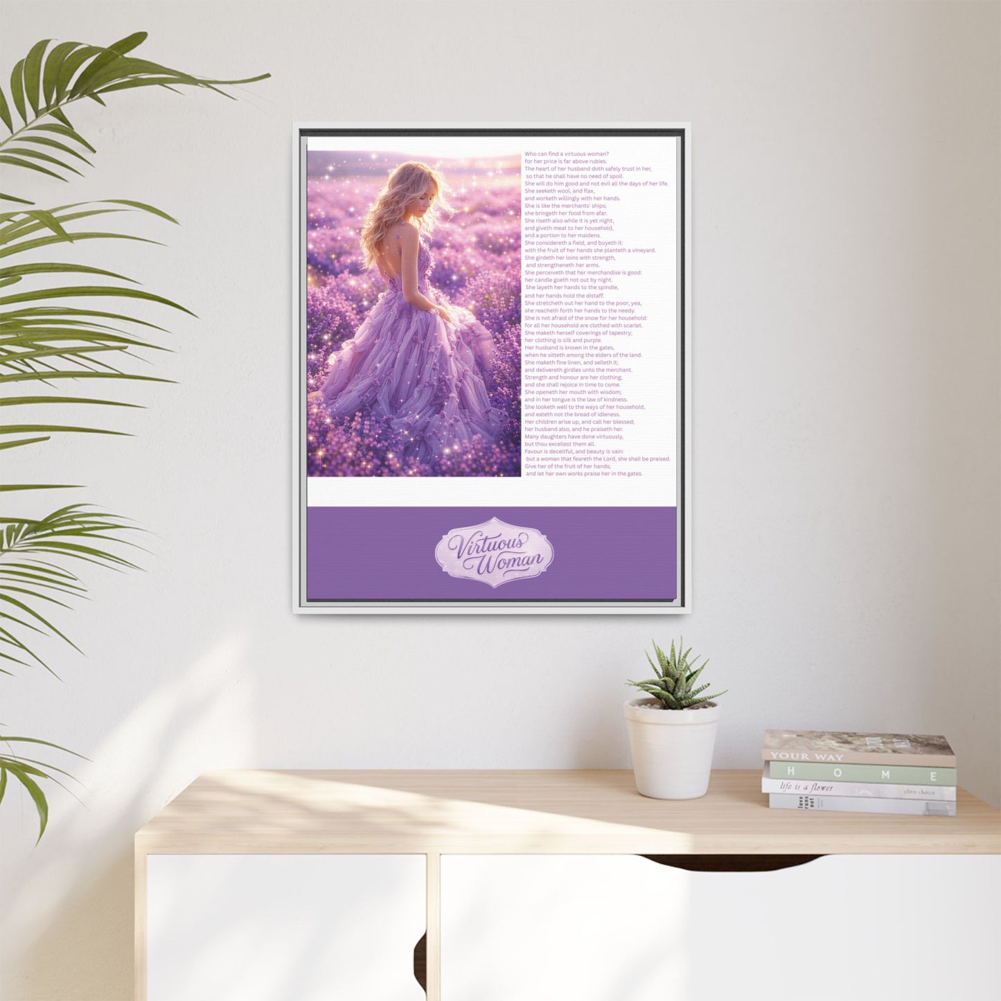 Virtuous Woman Canvas Wall Art – Proverbs 31 Scripture Inspired Lavender Field Painting, Elegant Christian Home Décor, Matte Framed Canvas Print