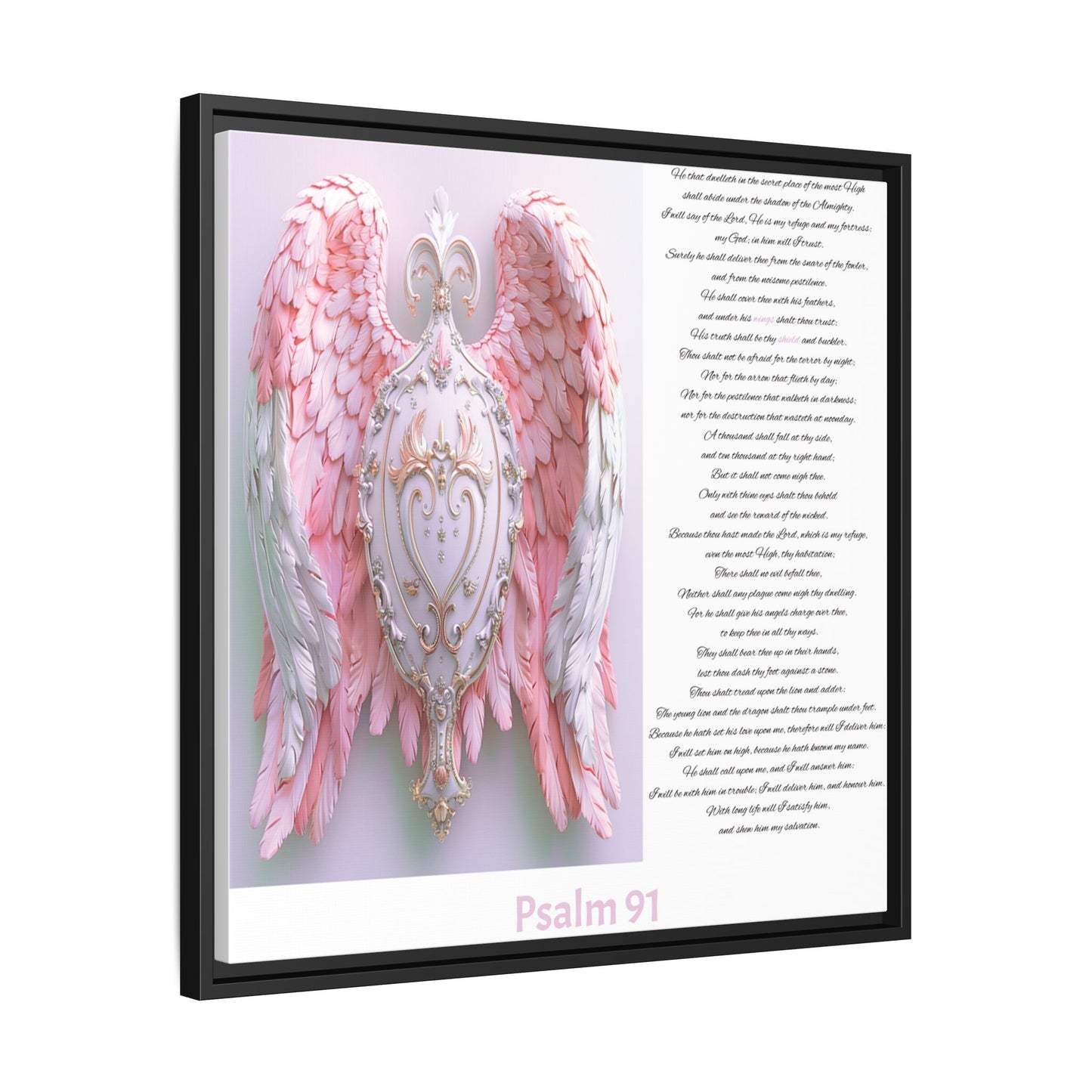Psalm 91 Pink-Winged Angel Matte Canvas (Framed) — Comforting Scripture Wall Art
