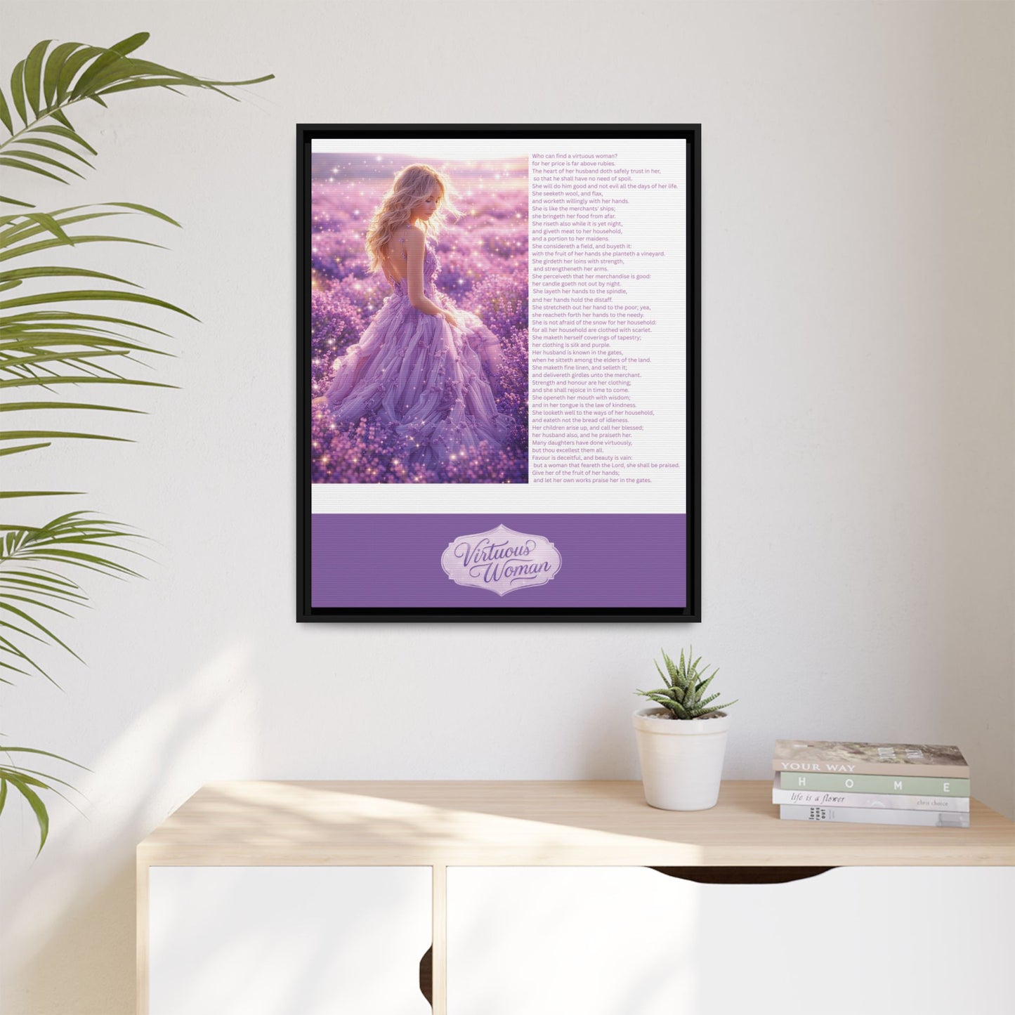 Virtuous Woman Canvas Wall Art – Proverbs 31 Scripture Inspired Lavender Field Painting, Elegant Christian Home Décor, Matte Framed Canvas Print