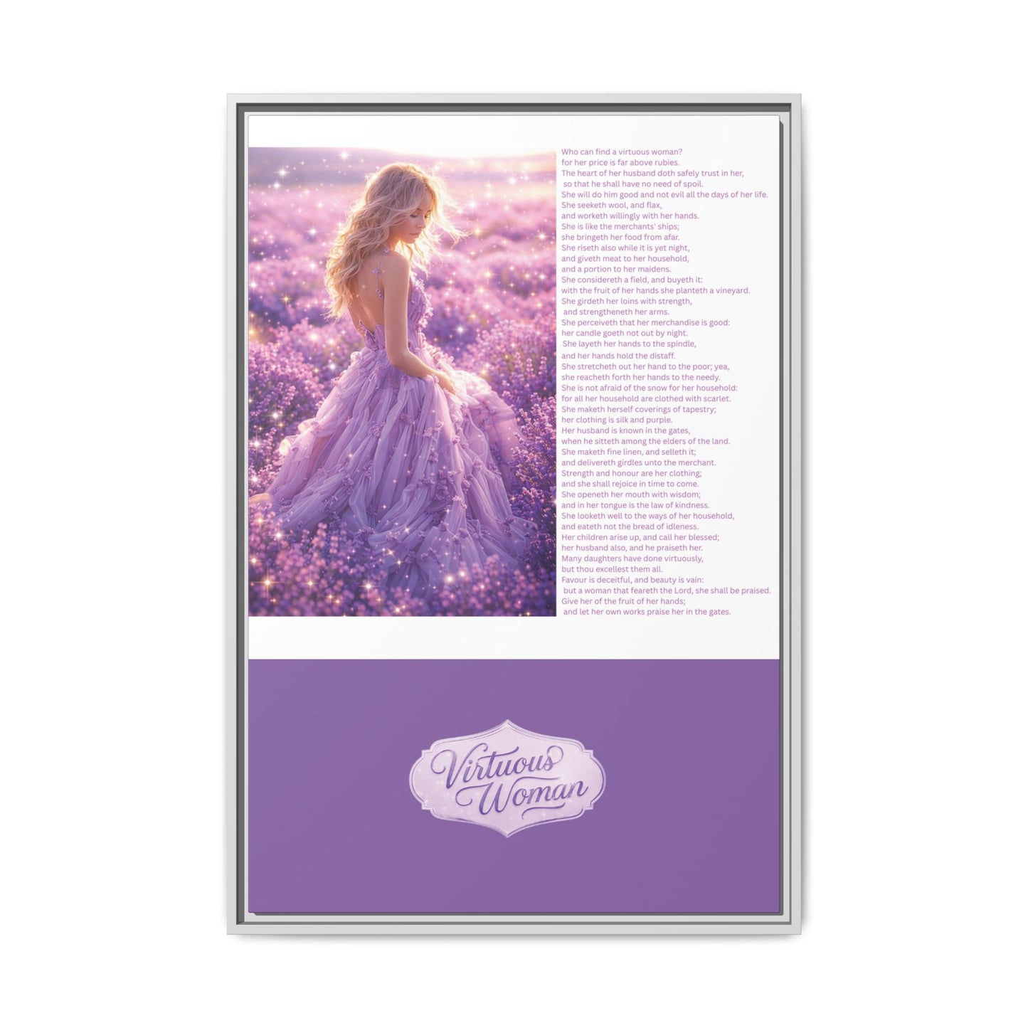 Virtuous Woman Canvas Wall Art – Proverbs 31 Scripture Inspired Lavender Field Painting, Elegant Christian Home Décor, Matte Framed Canvas Print