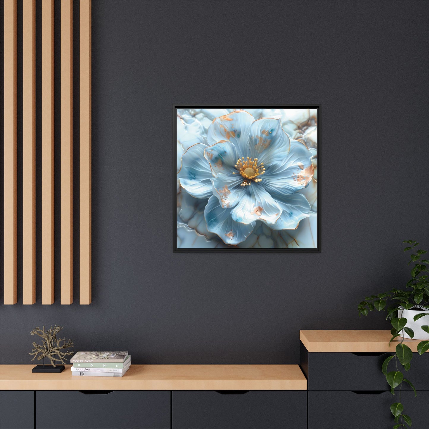 Elegant Sky-Blue Floral Matte Canvas Wall Art – Framed in White, Black, or Espresso | Modern Home & Office Decor