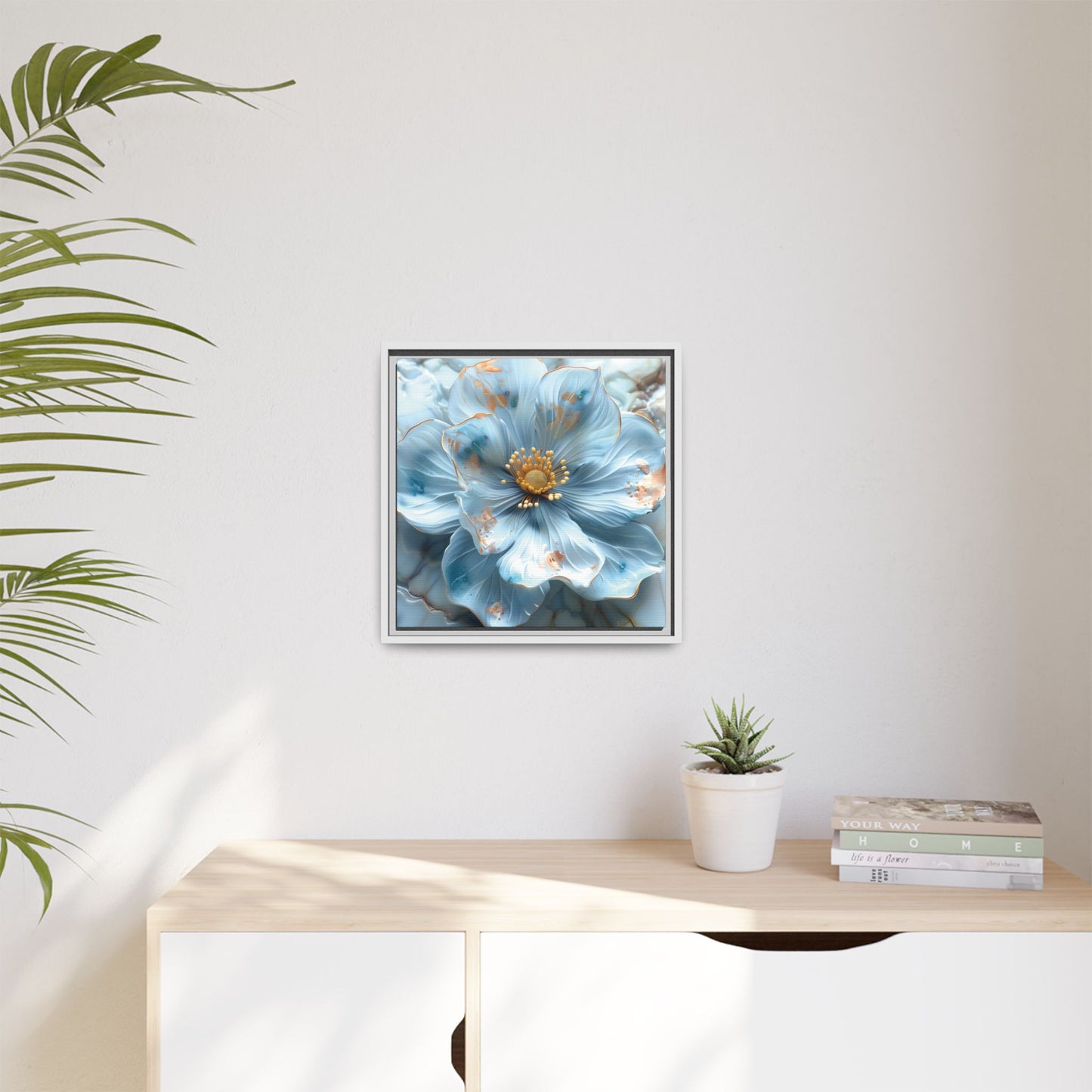 Elegant Sky-Blue Floral Matte Canvas Wall Art – Framed in White, Black, or Espresso | Modern Home & Office Decor