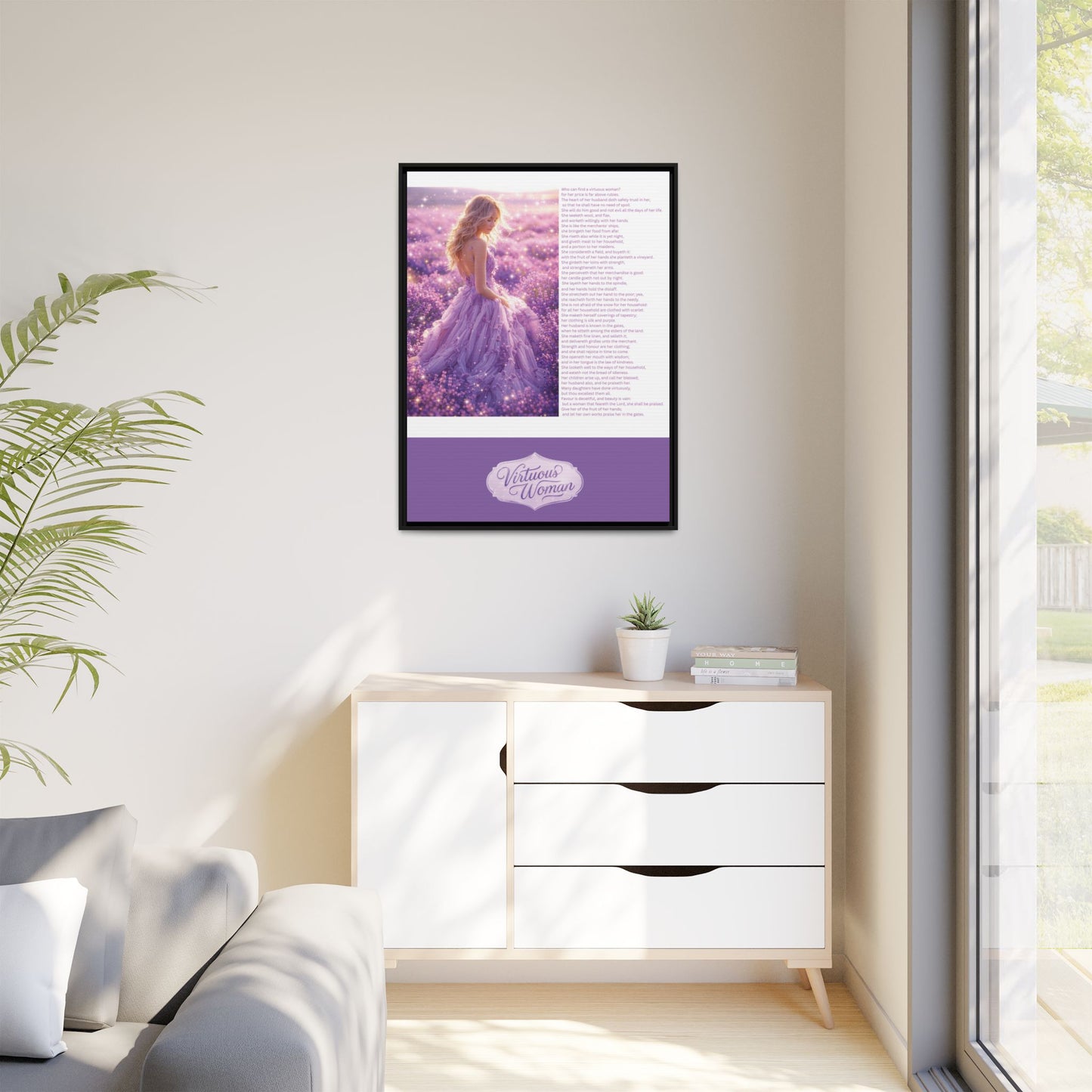 Virtuous Woman Canvas Wall Art – Proverbs 31 Scripture Inspired Lavender Field Painting, Elegant Christian Home Décor, Matte Framed Canvas Print