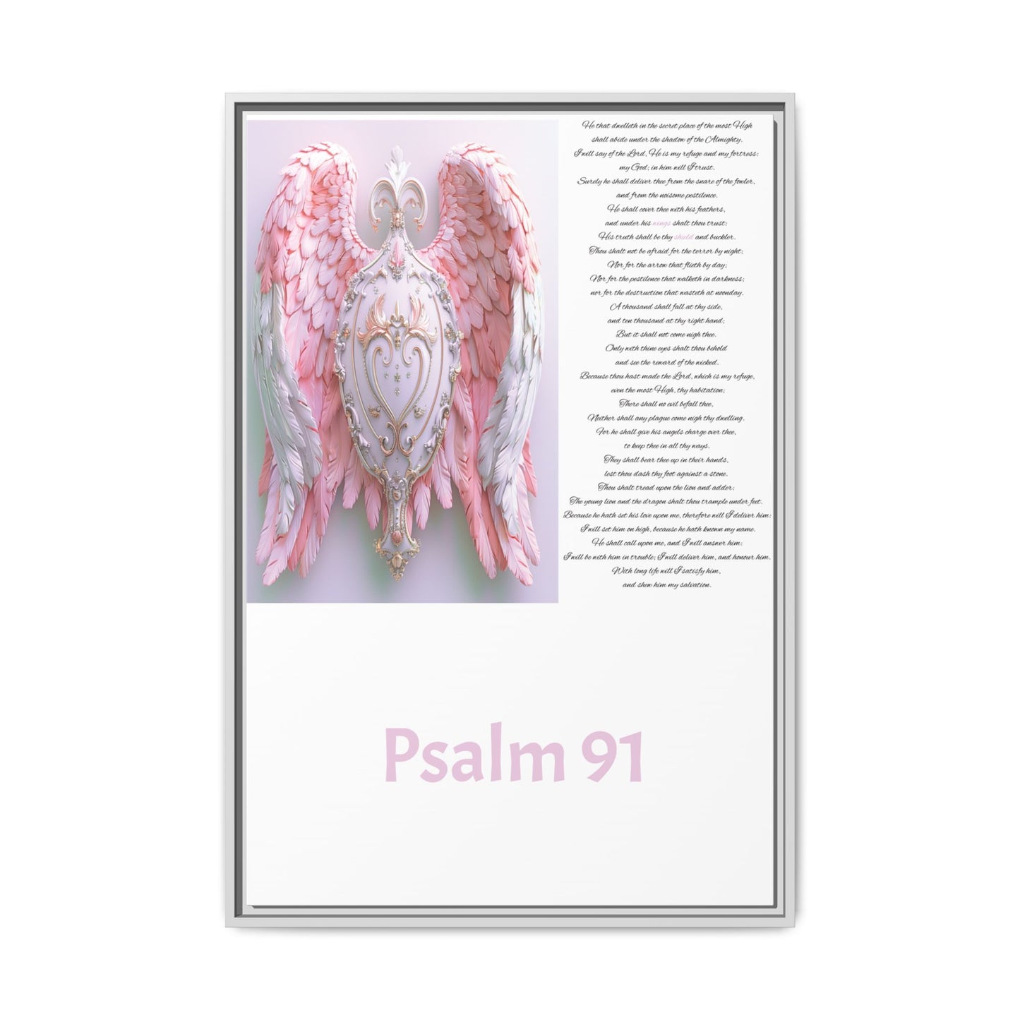 Psalm 91 Angel Wings Matte Canvas Framed Wall Art — Devotional Prayer Quote