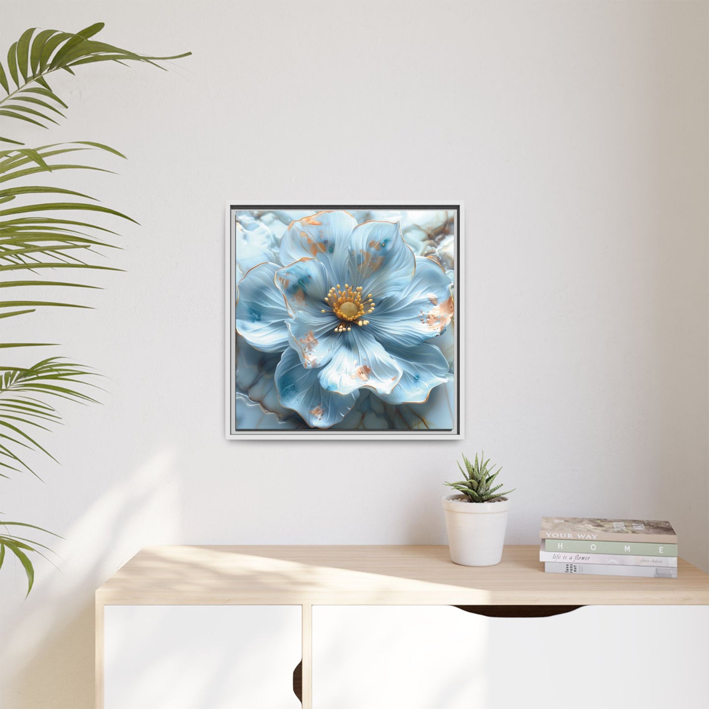 Elegant Sky-Blue Floral Matte Canvas Wall Art – Framed in White, Black, or Espresso | Modern Home & Office Decor