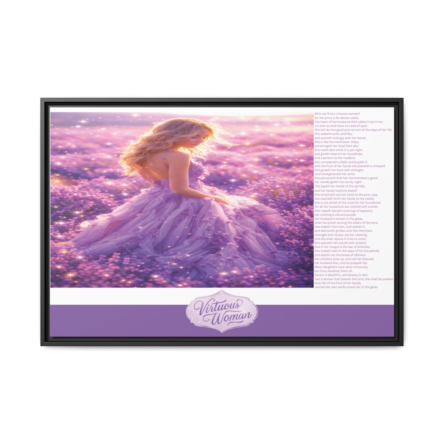 Virtuous Woman Canvas Wall Art – Proverbs 31 Scripture Inspired Lavender Field Painting, Elegant Christian Home Décor, Matte Framed Canvas Print