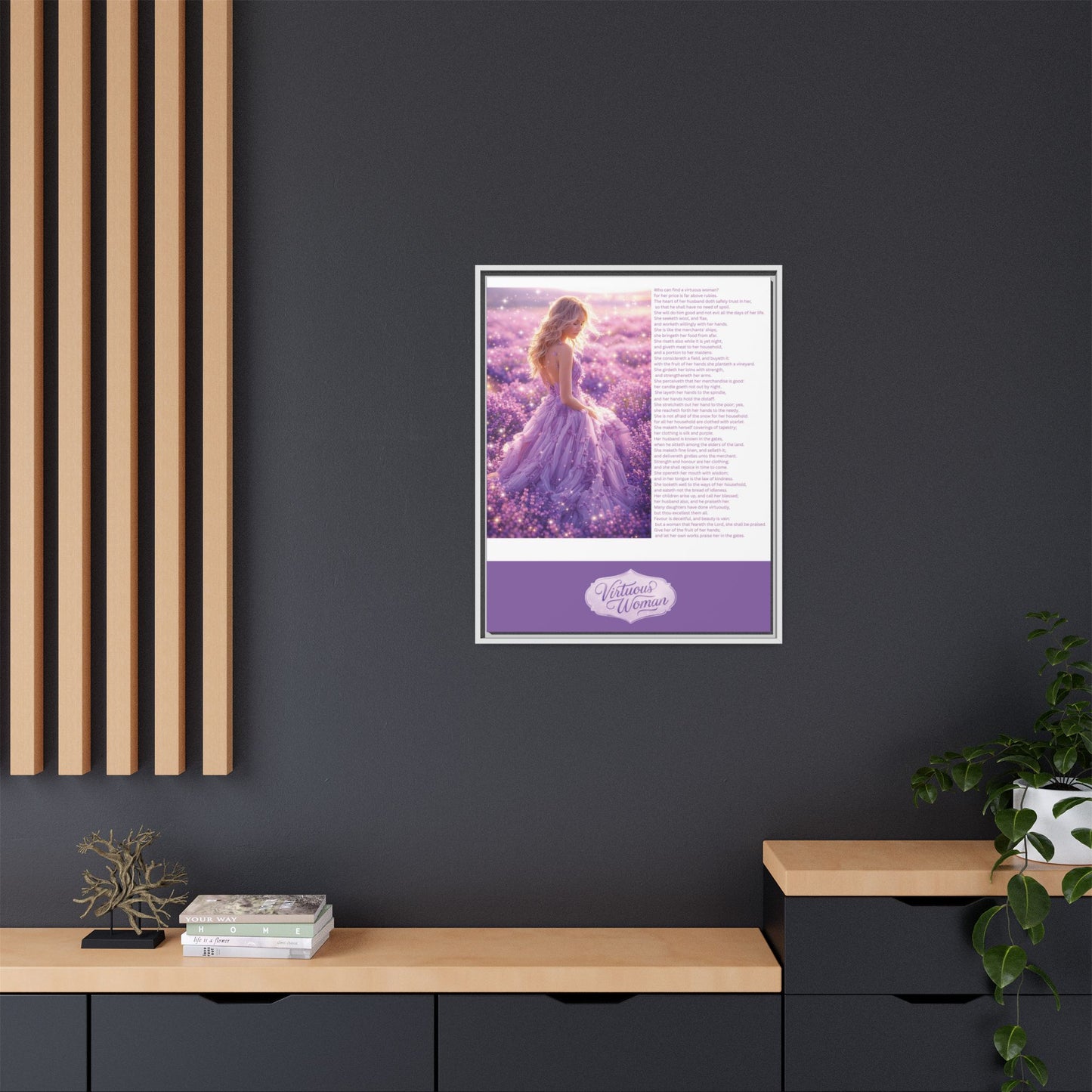Virtuous Woman Canvas Wall Art – Proverbs 31 Scripture Inspired Lavender Field Painting, Elegant Christian Home Décor, Matte Framed Canvas Print