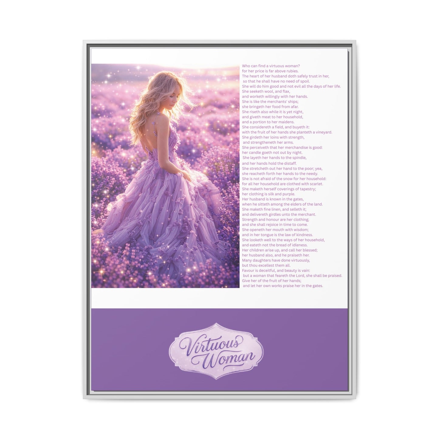 Virtuous Woman Canvas Wall Art – Proverbs 31 Scripture Inspired Lavender Field Painting, Elegant Christian Home Décor, Matte Framed Canvas Print
