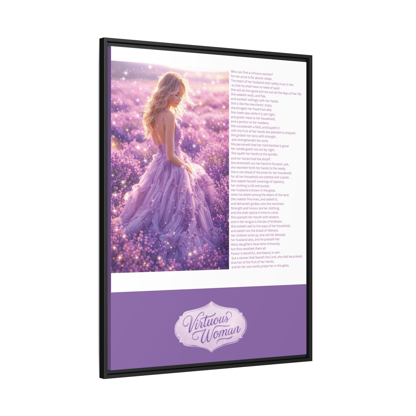 Virtuous Woman Canvas Wall Art – Proverbs 31 Scripture Inspired Lavender Field Painting, Elegant Christian Home Décor, Matte Framed Canvas Print