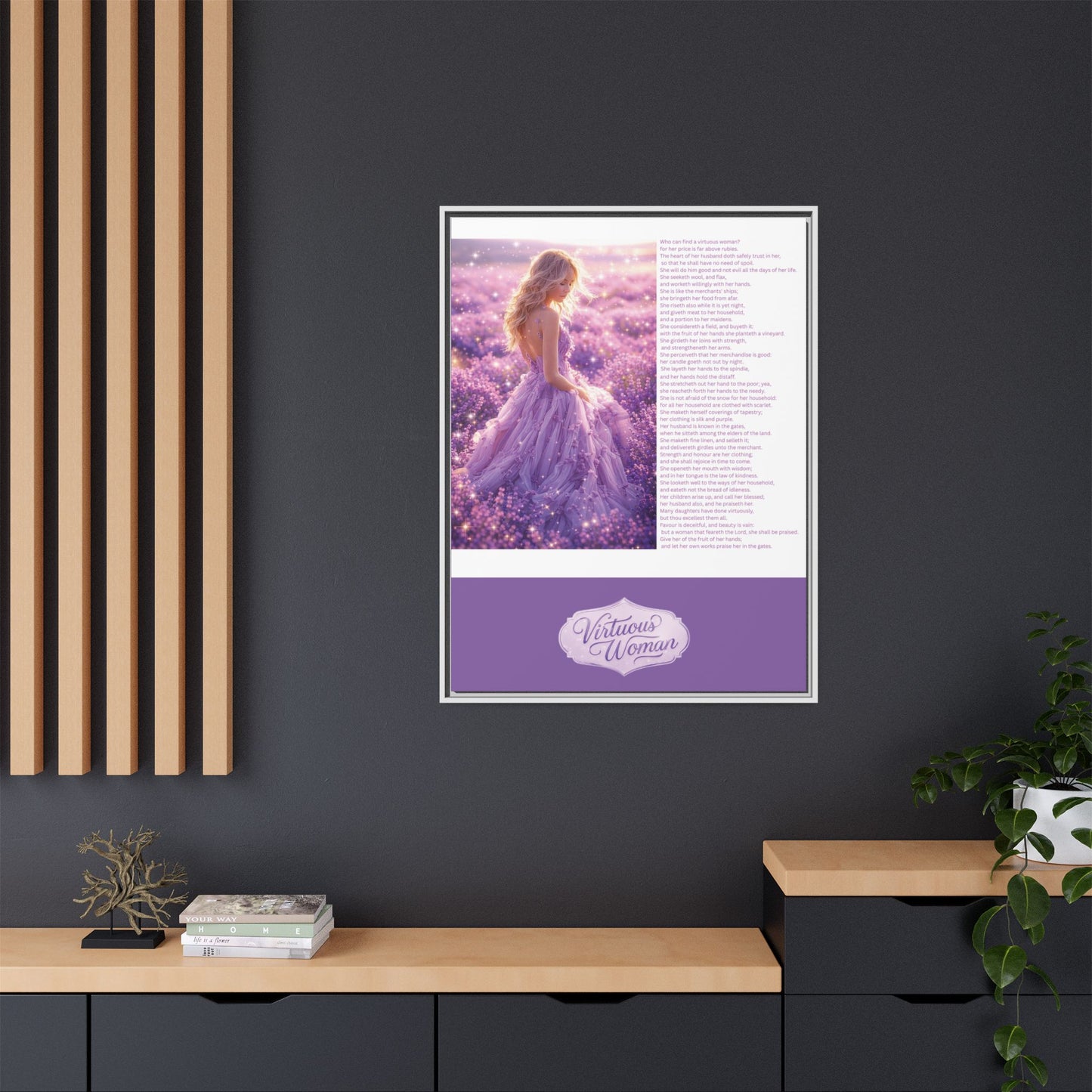 Virtuous Woman Canvas Wall Art – Proverbs 31 Scripture Inspired Lavender Field Painting, Elegant Christian Home Décor, Matte Framed Canvas Print