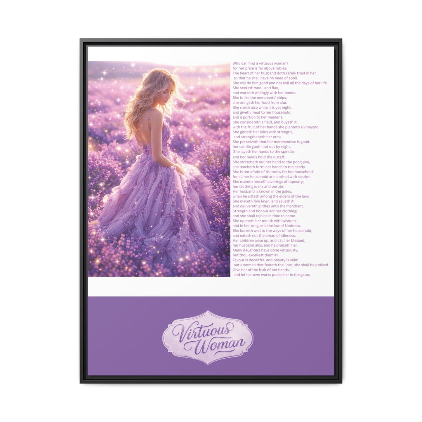 Virtuous Woman Canvas Wall Art – Proverbs 31 Scripture Inspired Lavender Field Painting, Elegant Christian Home Décor, Matte Framed Canvas Print