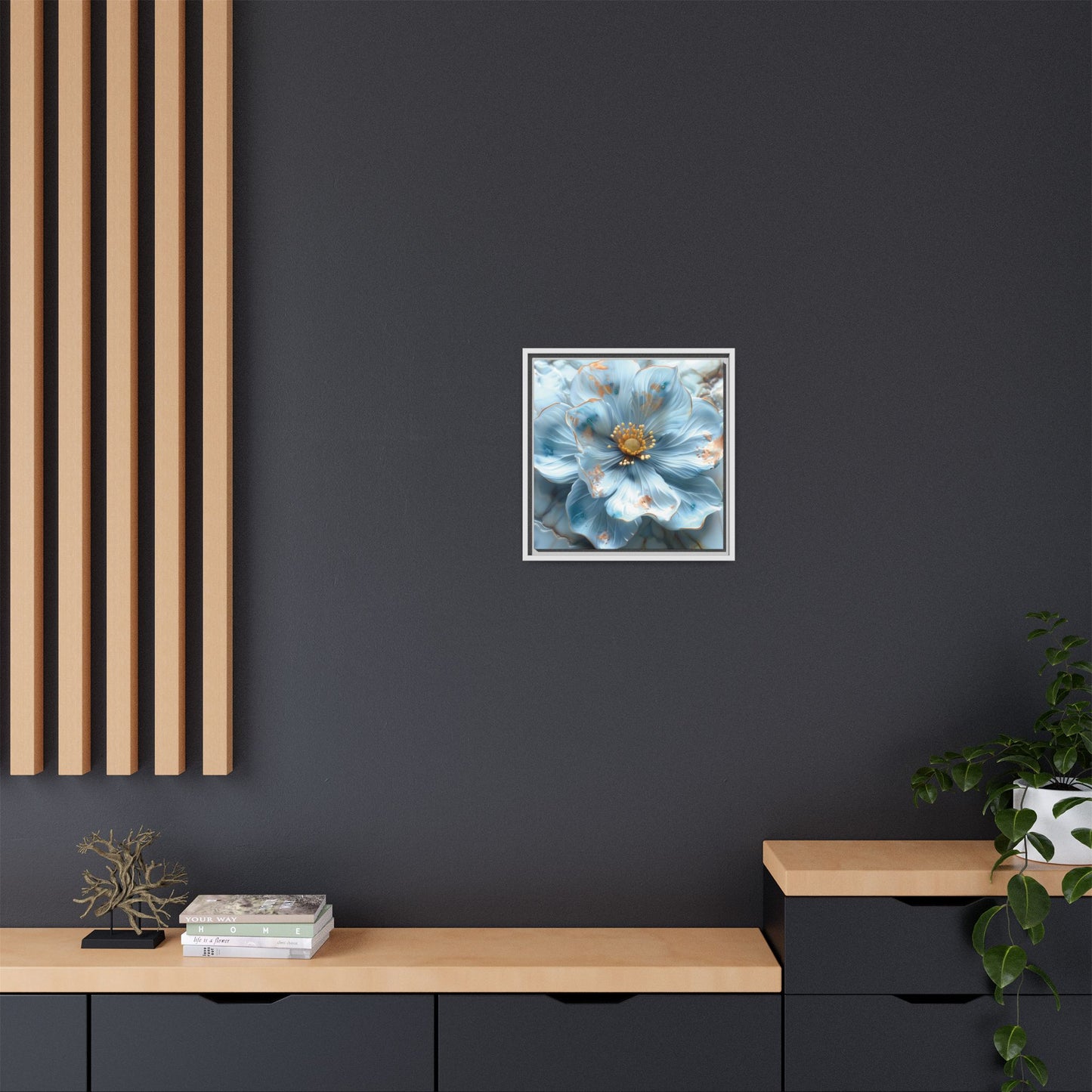 Elegant Sky-Blue Floral Matte Canvas Wall Art – Framed in White, Black, or Espresso | Modern Home & Office Decor