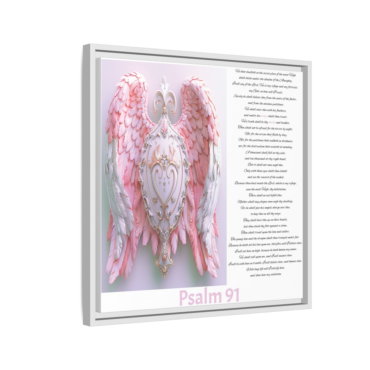 Psalm 91 Angel Wings Matte Canvas Framed Wall Art — Devotional Prayer Quote