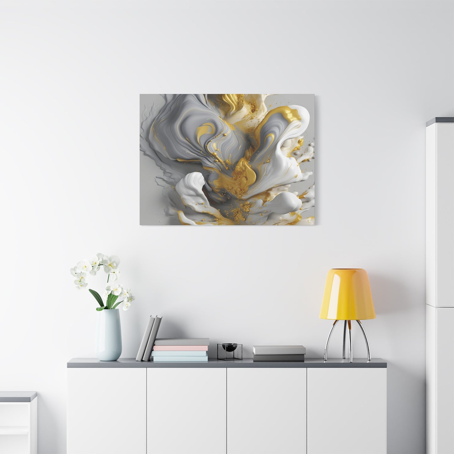 Gold, White, and Gray Liquid Fluid Modern Wall Art