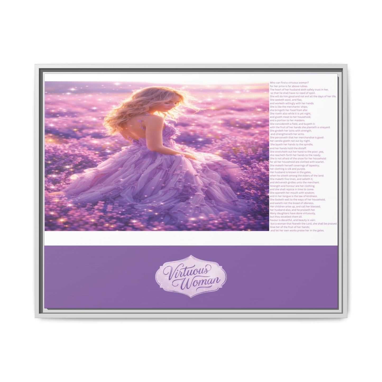 Virtuous Woman Canvas Wall Art – Proverbs 31 Scripture Inspired Lavender Field Painting, Elegant Christian Home Décor, Matte Framed Canvas Print
