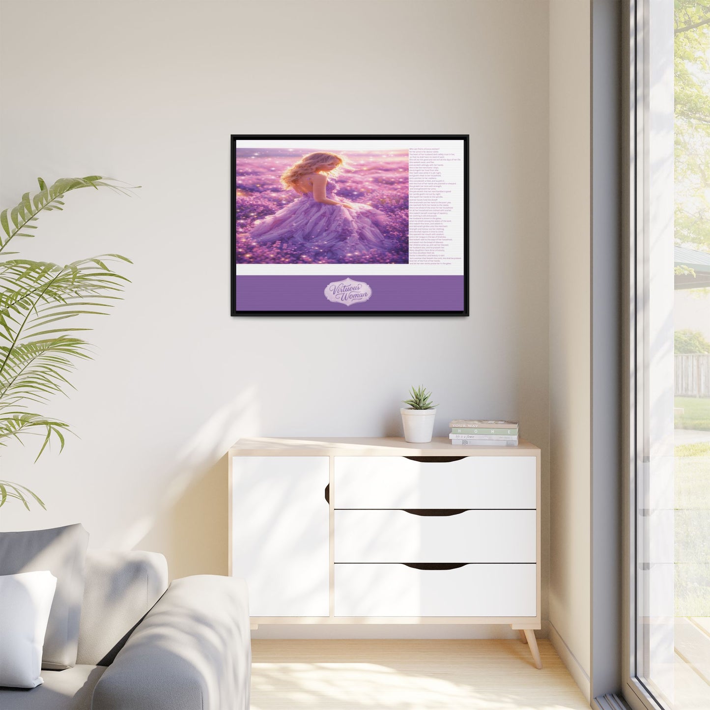 Virtuous Woman Canvas Wall Art – Proverbs 31 Scripture Inspired Lavender Field Painting, Elegant Christian Home Décor, Matte Framed Canvas Print