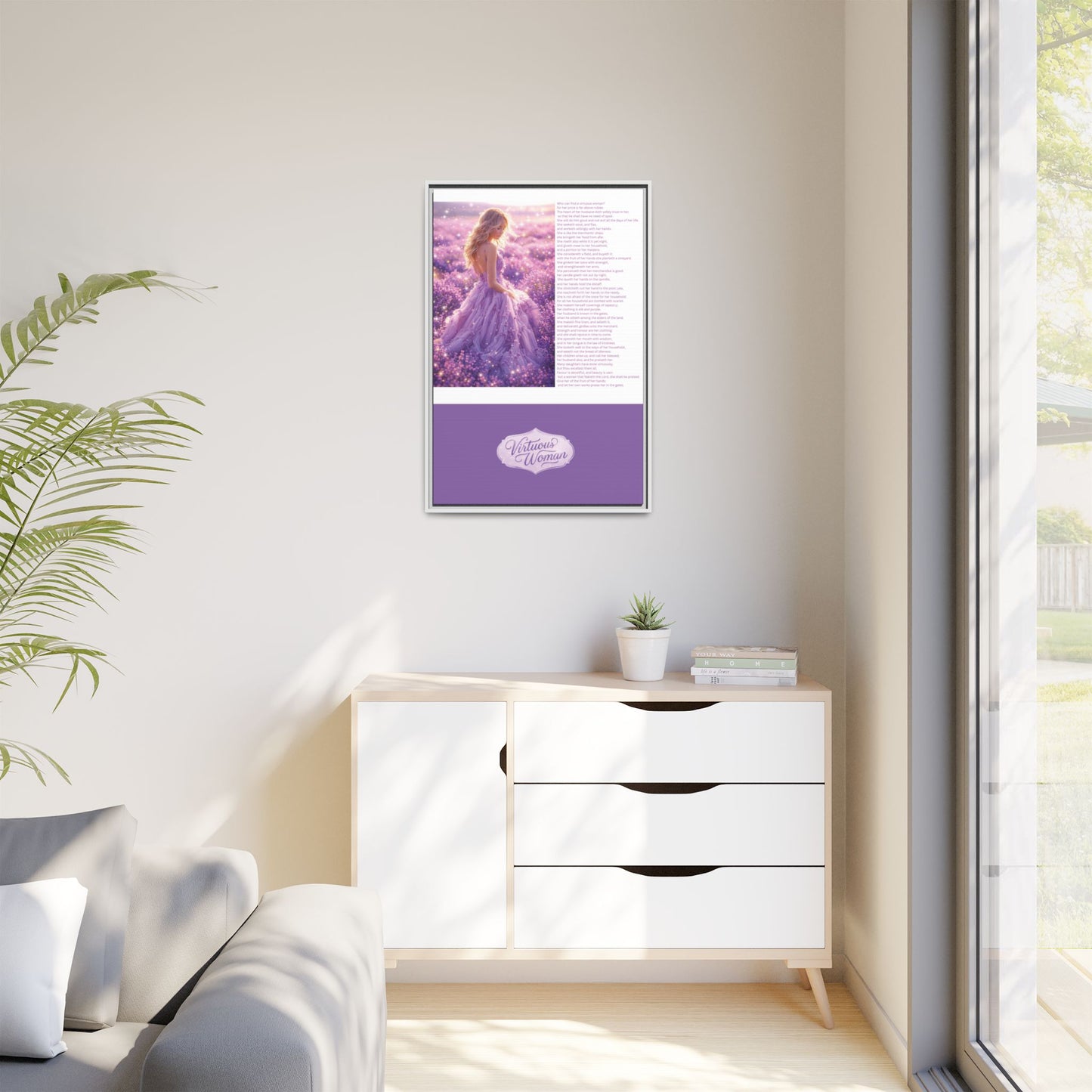 Virtuous Woman Canvas Wall Art – Proverbs 31 Scripture Inspired Lavender Field Painting, Elegant Christian Home Décor, Matte Framed Canvas Print