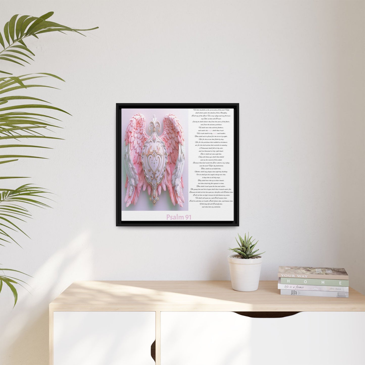 Psalm 91 Pink-Winged Angel Matte Canvas (Framed) — Comforting Scripture Wall Art