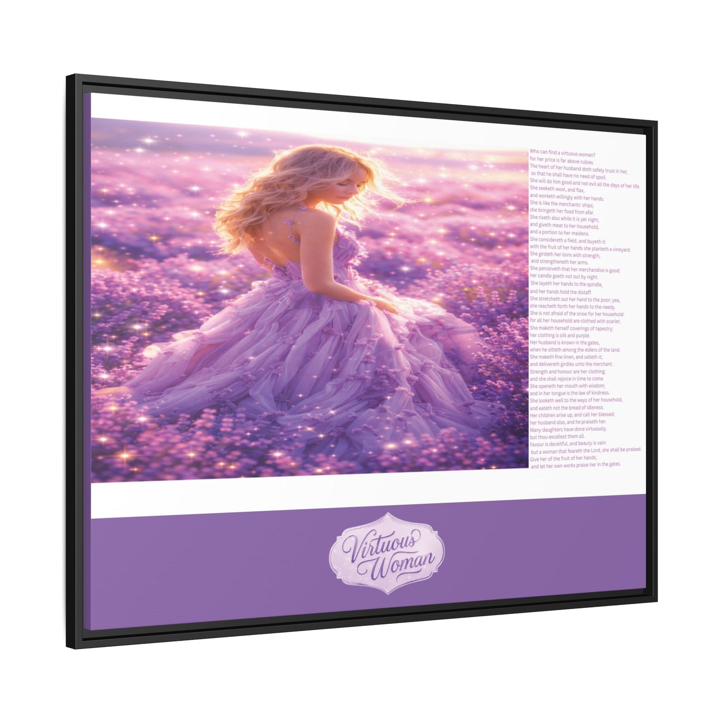 Virtuous Woman Canvas Wall Art – Proverbs 31 Scripture Inspired Lavender Field Painting, Elegant Christian Home Décor, Matte Framed Canvas Print