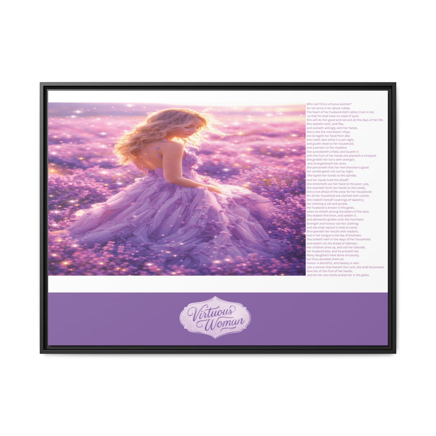 Virtuous Woman Canvas Wall Art – Proverbs 31 Scripture Inspired Lavender Field Painting, Elegant Christian Home Décor, Matte Framed Canvas Print