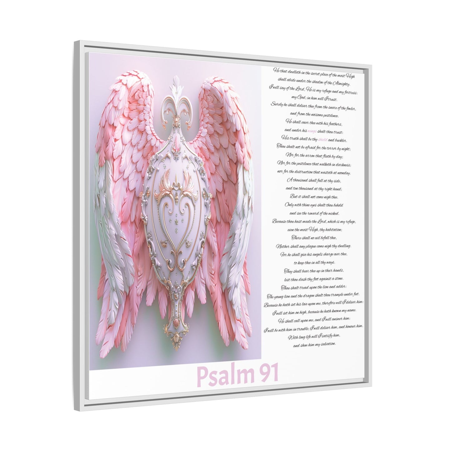Psalm 91 Angel Wings Matte Canvas Framed Wall Art — Devotional Prayer Quote