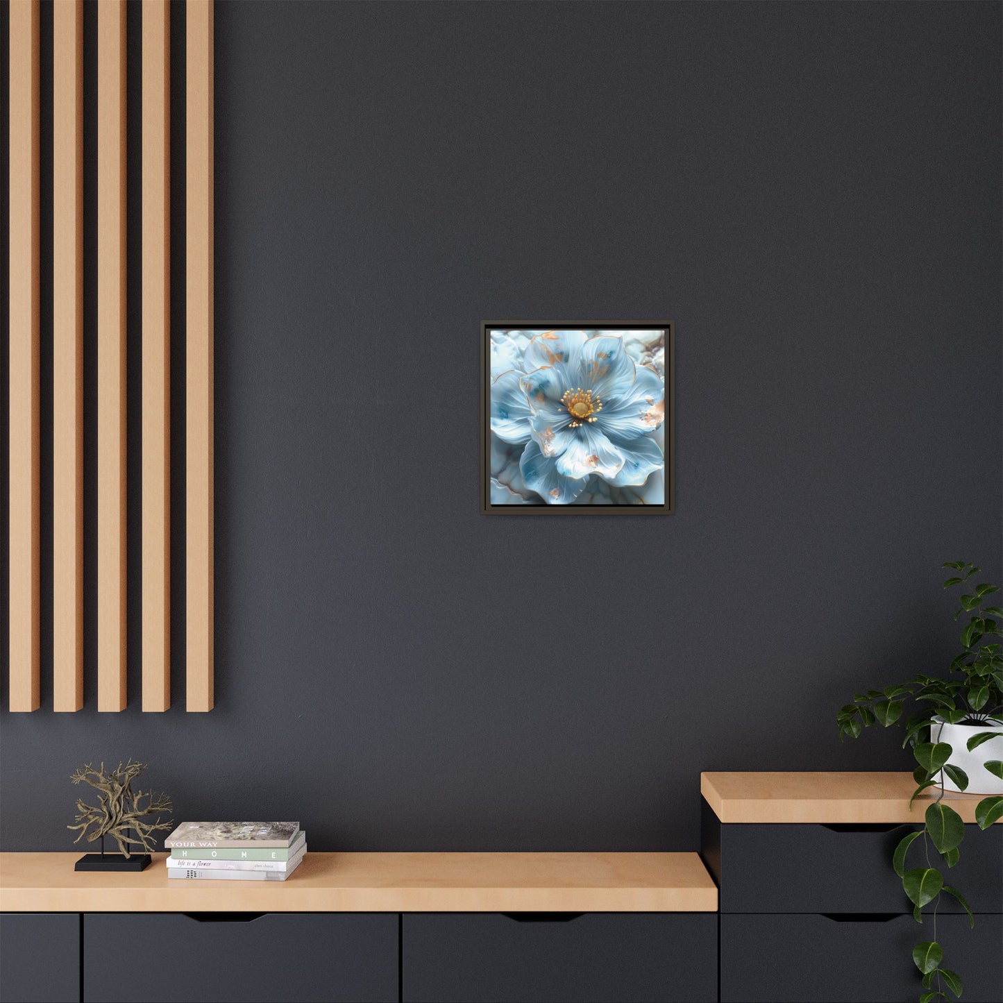 Elegant Sky-Blue Floral Matte Canvas Wall Art – Framed in White, Black, or Espresso | Modern Home & Office Decor