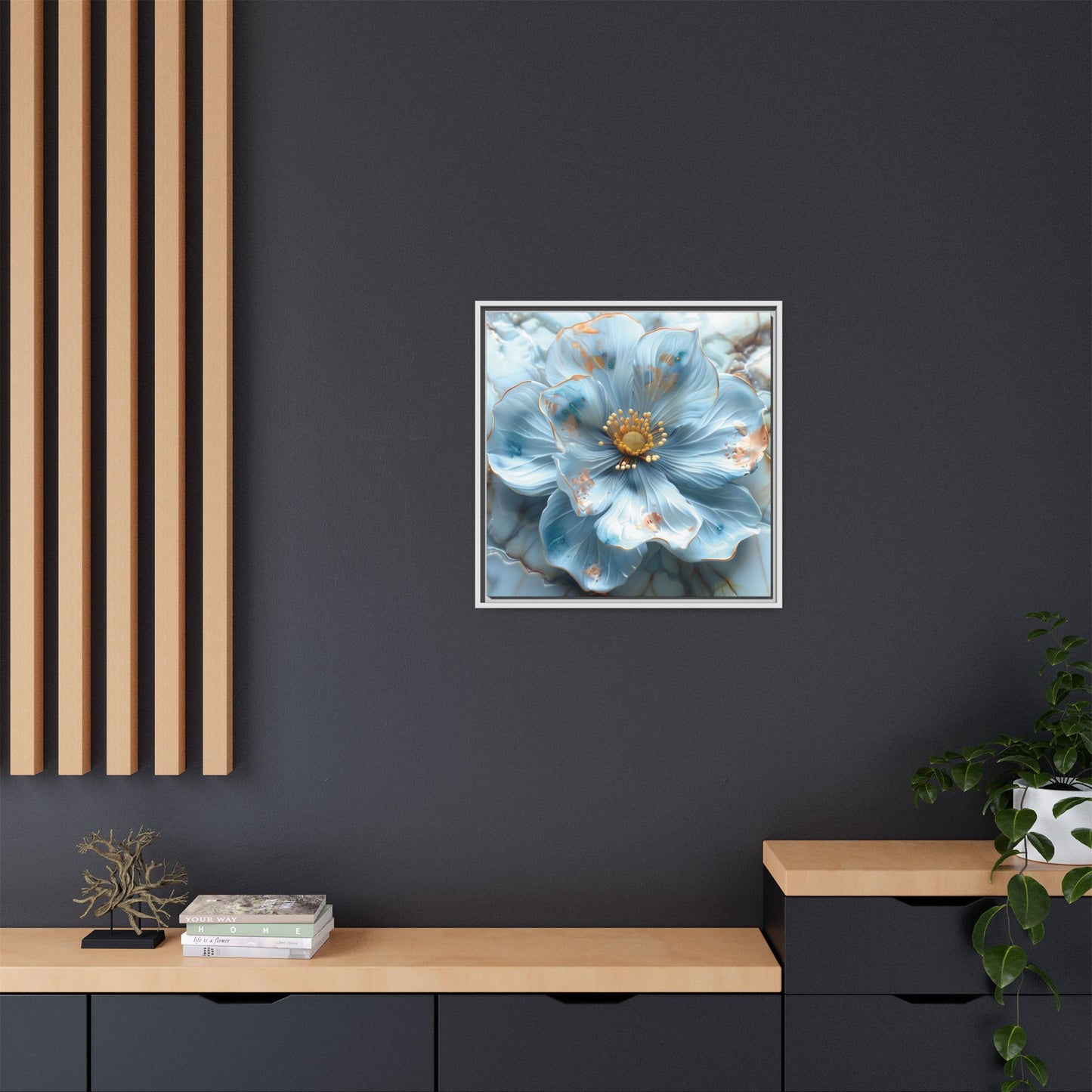 Elegant Sky-Blue Floral Matte Canvas Wall Art – Framed in White, Black, or Espresso | Modern Home & Office Decor