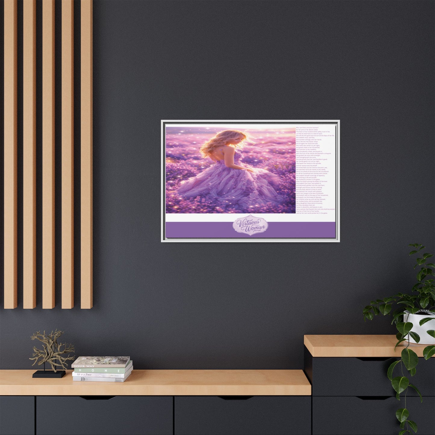 Virtuous Woman Canvas Wall Art – Proverbs 31 Scripture Inspired Lavender Field Painting, Elegant Christian Home Décor, Matte Framed Canvas Print