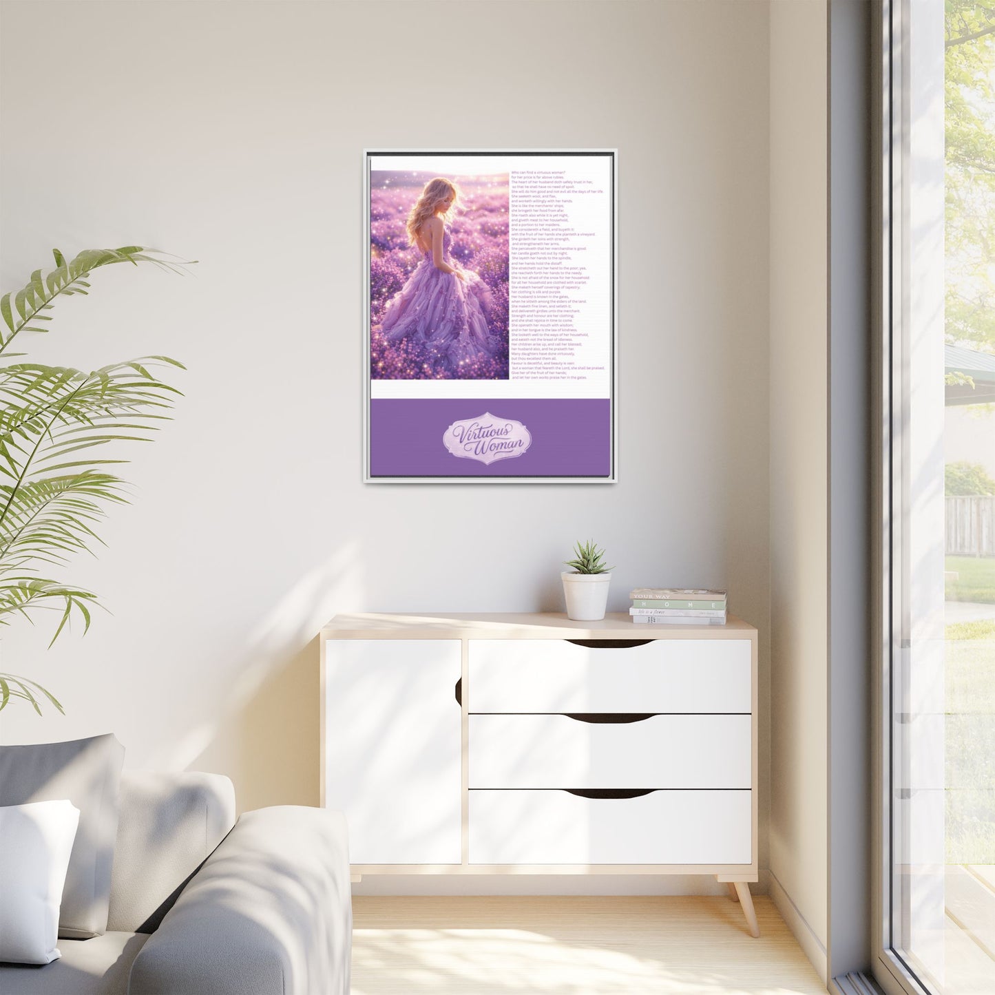 Virtuous Woman Canvas Wall Art – Proverbs 31 Scripture Inspired Lavender Field Painting, Elegant Christian Home Décor, Matte Framed Canvas Print