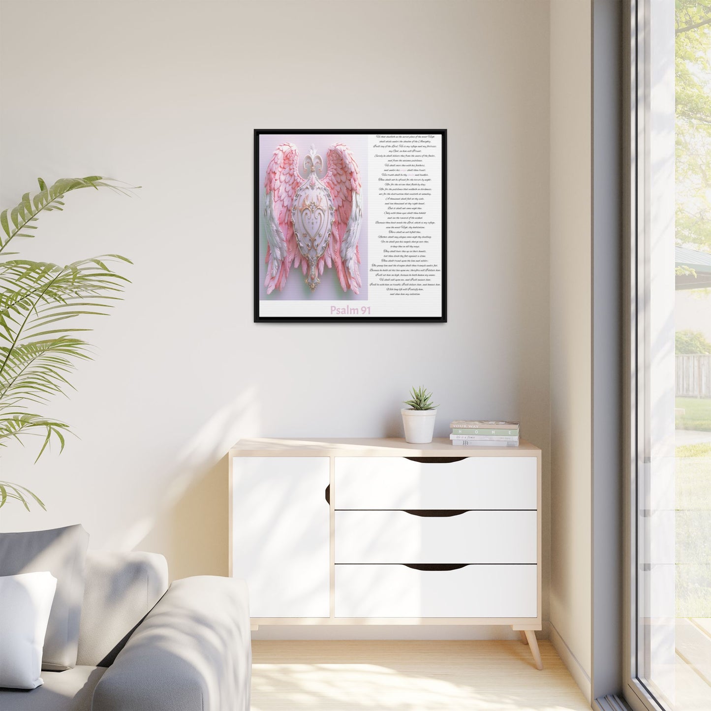 Psalm 91 Pink-Winged Angel Matte Canvas (Framed) — Comforting Scripture Wall Art