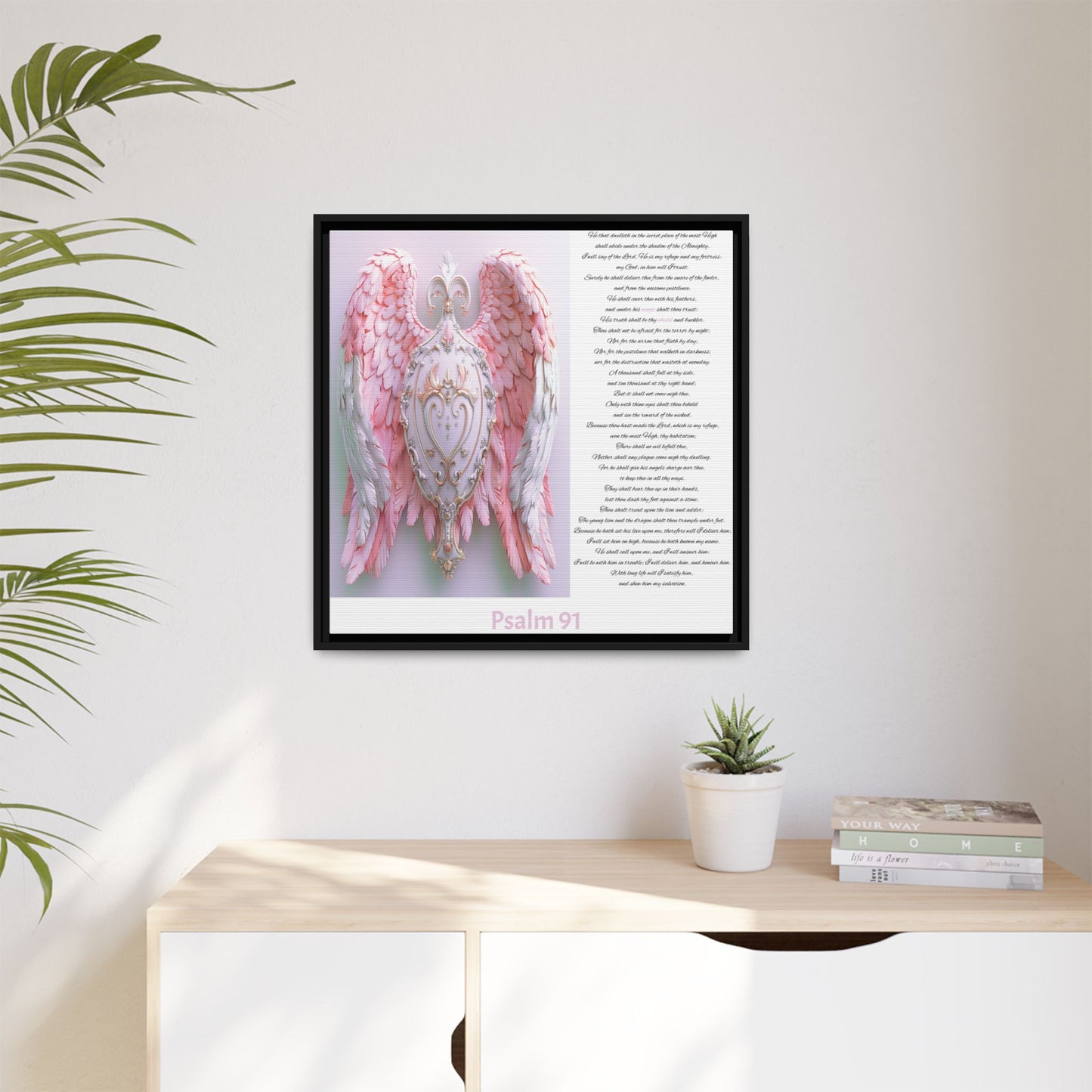 Psalm 91 Pink-Winged Angel Matte Canvas (Framed) — Comforting Scripture Wall Art
